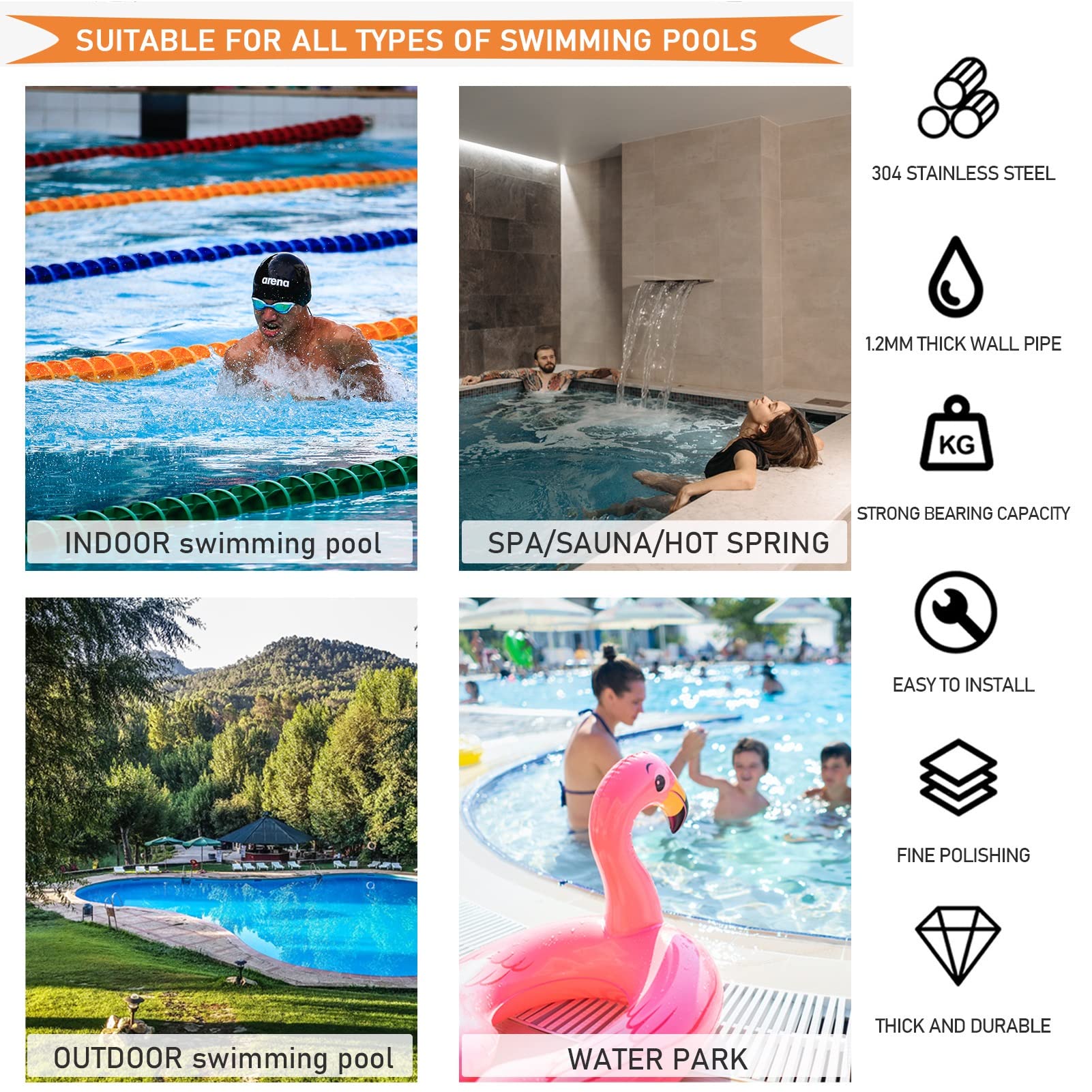 Stainless Steel Pool Handrail - Silver Deck to Deck Mounted Safety Railing for Swimming Pools | Non-Slip Grab Handle for Easy Pool Entry & Exit | Perfect for Outdoor Inground Pools, Spas & Backyard Safety