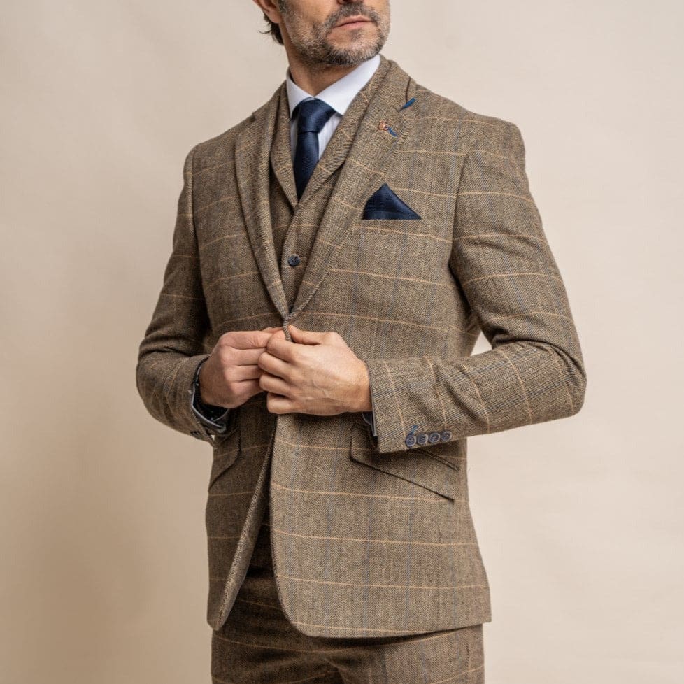 Cavani Albert Men's Brown Slim Fit Tweed Style Jacket - Classic Vintage Blazer for Business, Office, and Formal Occasions