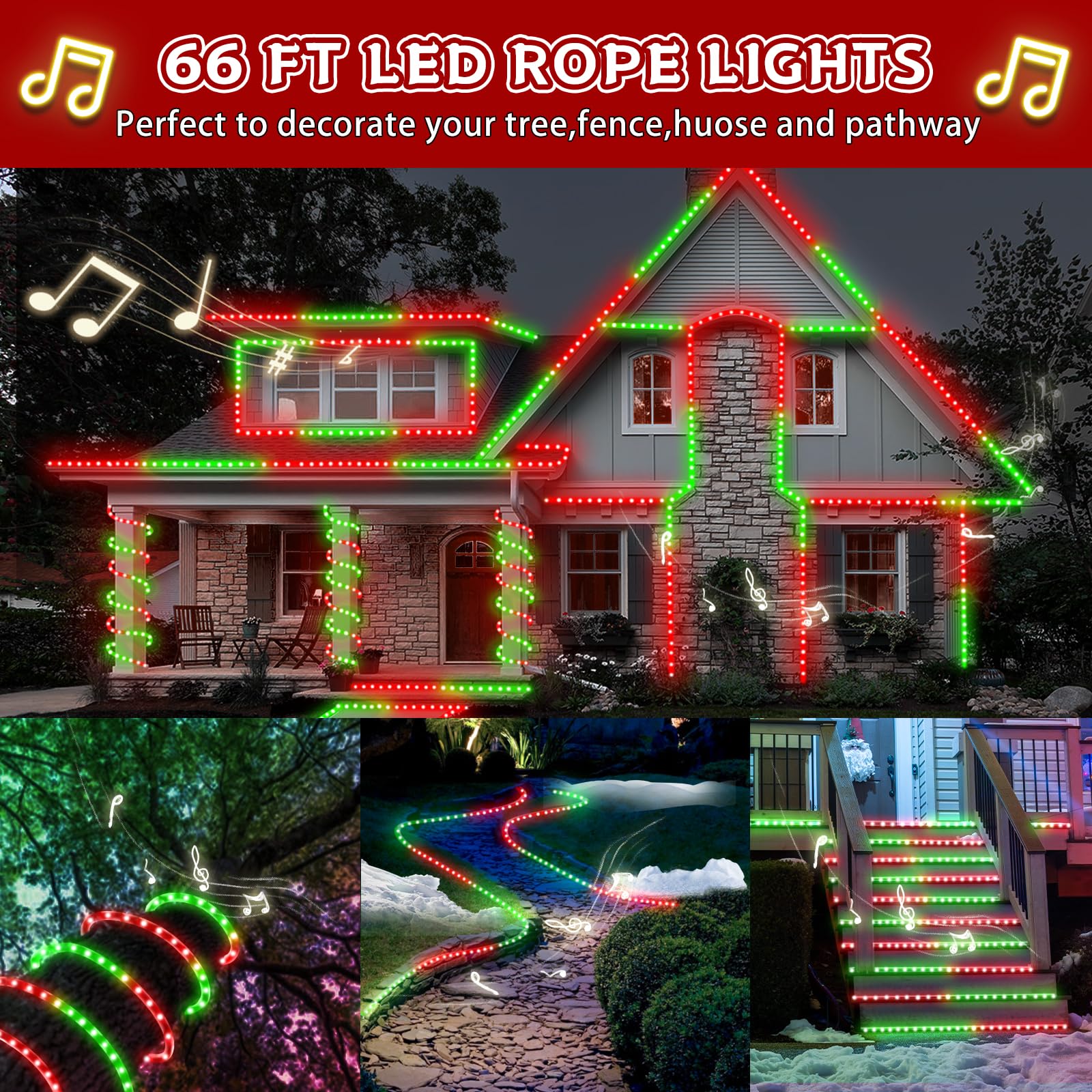 66FT 800 LED Outdoor Christmas Rope Lights with Music & Motion Sensor - Red Green Holiday String Lights for Christmas Tree, Landscape, Patio, Garden, and Indoor Decorations | Perfect for Year-Round Party, Wedding, and Festival Lighting