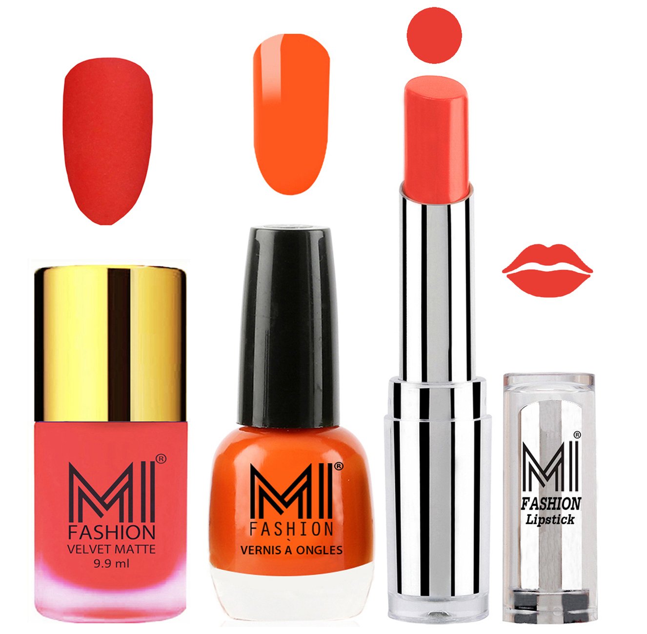 MI Fashion Neon Orange Matte Nail Polish & Coral Lipstick Set - 3 Piece Nail Polish and Lipstick Combo with Candy Coral Shine | Perfect for Parties, Date Nights & Gift Giving