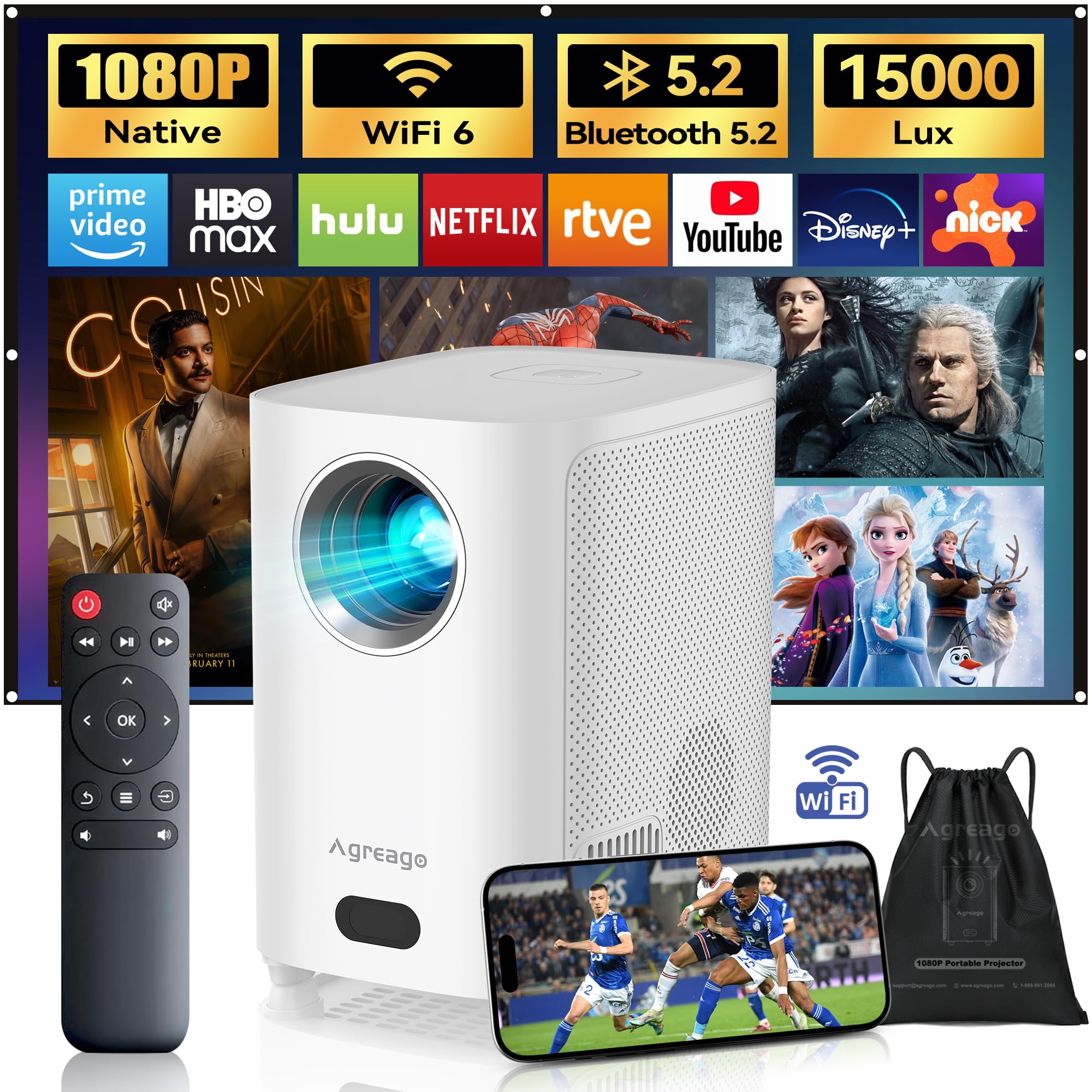 1080P Native WiFi Bluetooth Projector - 15000 Lumens Portable Mini Projector for Outdoor Movies, Home Theater, Gaming - Compatible with TV Stick, Android, HDMI, USB - Perfect for Camping, Parties, and Classroom Presentations