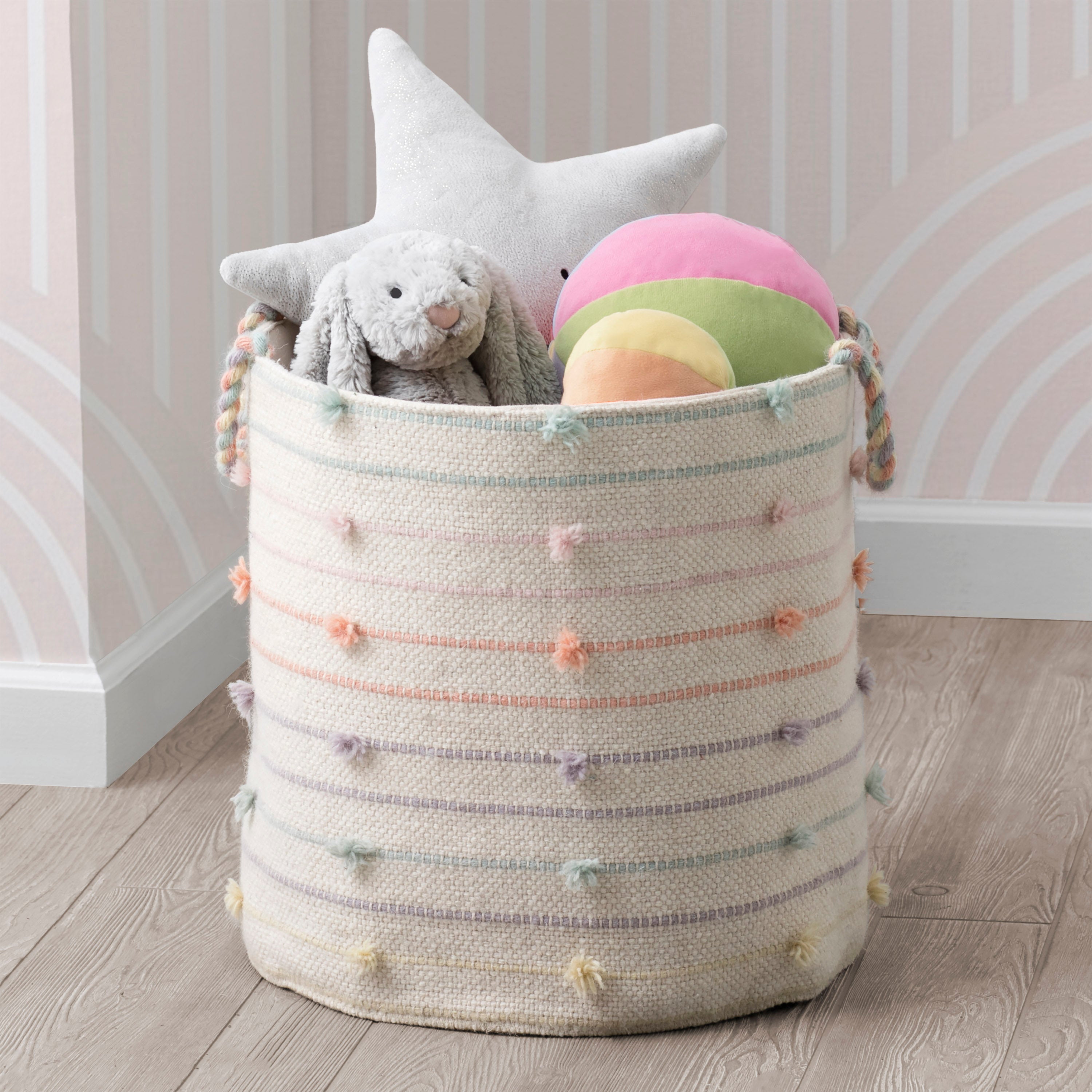 Pastel Pom Pom Handwoven Basket - Boho Home Decor for Nursery, Living Room & Bedroom Storage | Perfect for Organizing Blankets, Toys & Magazines