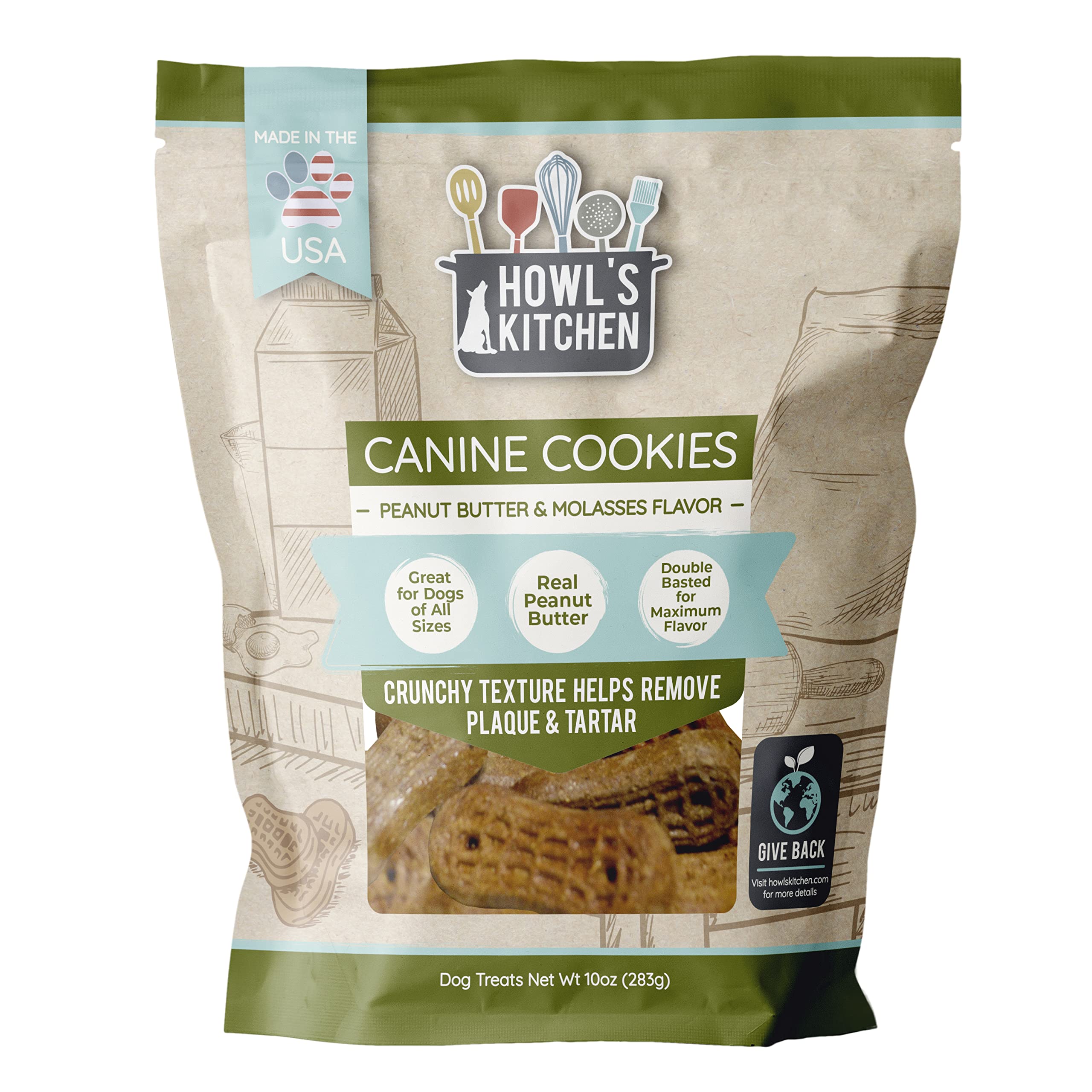 Howl's Kitchen Natural Peanut Butter & Molasses Dog Treats - Healthy Canine Cookies for Training, Rewards & Snacks - Delicious Crunchy Baked Biscuits for Small, Medium & Large Dogs