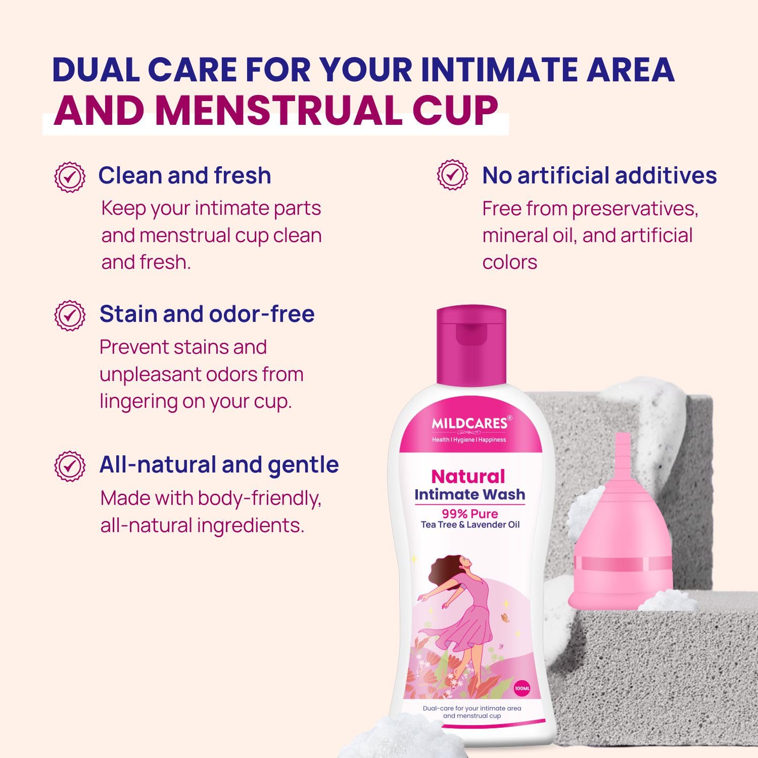 GynoCup Natural Intimate Wash for Women - pH Balanced Feminine Hygiene with Tea Tree & Lavender Oil - Gentle Cleansing & Odor Control - Pack of 2 (100ML Each) - Perfect for Daily Use, Post-Workout & Travel