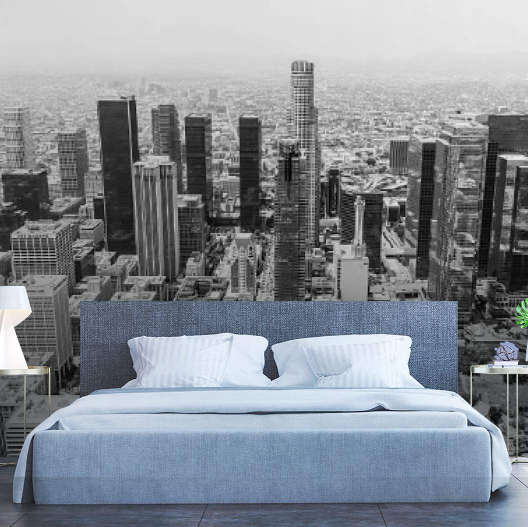 Monochrome DTLA Skyline Peel and Stick Wallpaper - Black and White Self-Adhesive Vinyl Wall Mural - Removable Large Wall Sticker for Home Decor, Living Room, Bedroom & Office