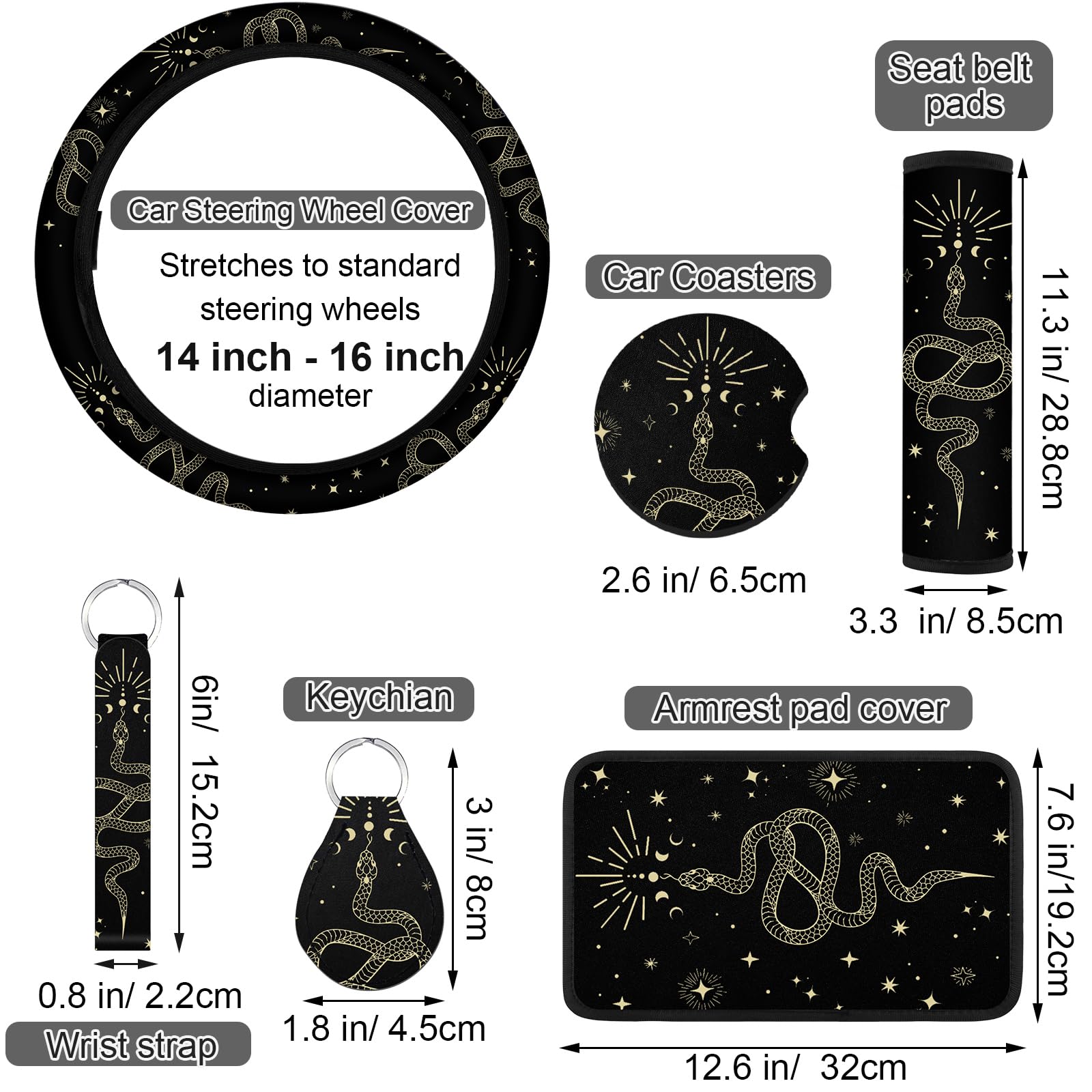 10 Pcs Moon Star Car Seat Covers Full Set - Universal Fit for Cars & SUVs - Front Seat Covers, Steering Wheel Cover, Armrest Cover, Seat Belt Covers & Cup Holder - Snake Print Interior Accessories for Women - Perfect for Daily Commute, Road Trips & Car Decoration