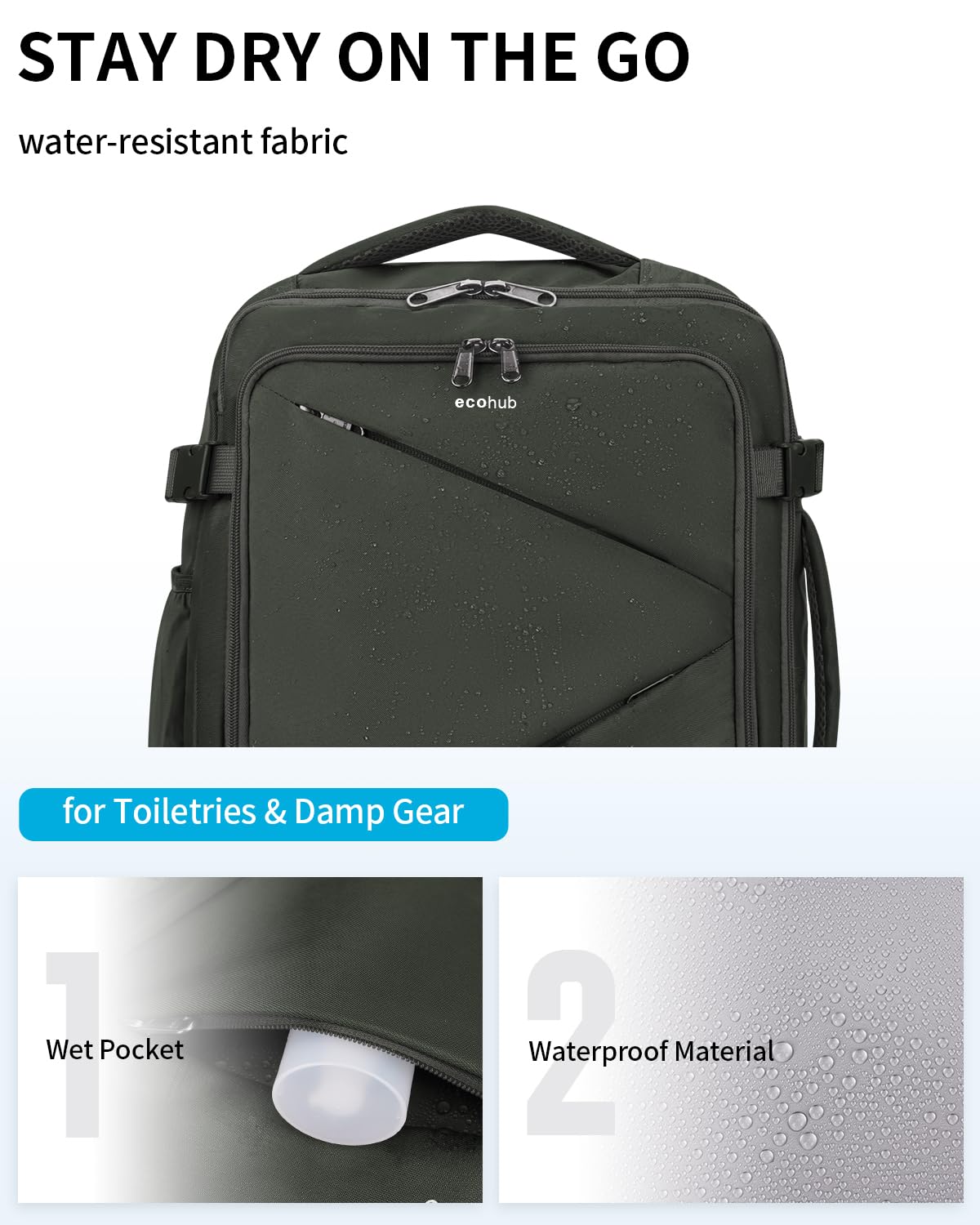 ECOHUB Expandable Carry On Travel Backpack - 17 Inch Water Resistant Laptop Backpack with 12 Pockets & Wet Pocket, 30L Flight Approved Personal Item Bag (18x14x8) for Business Travel, Commuting & College - Perfect for Airplanes, Work & Daily Use