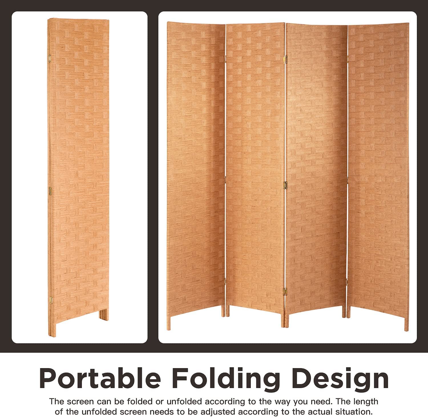 4 Panel Wooden Room Divider Privacy Screen - 72 Inch Folding Partition with Rattan Woven Design - Handcrafted Portable Wall Divider for Office, Patio, Bedroom, and Living Room - Natural Finish for Home & Commercial Spaces