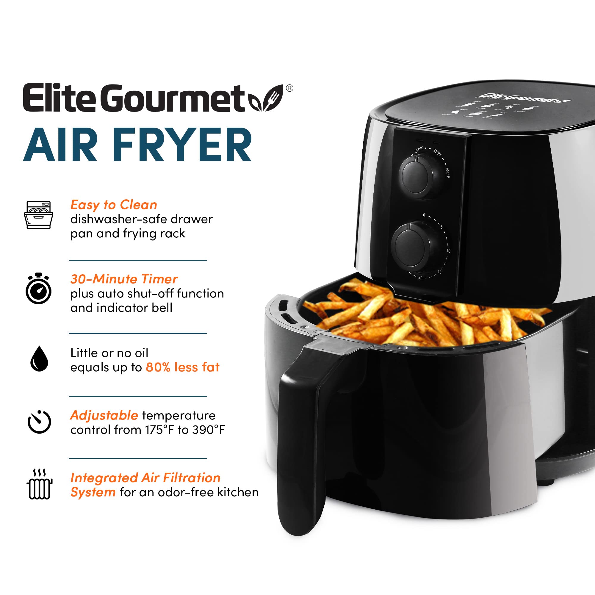 Elite Gourmet EAF4617 1350W Digital Air Fryer - 4 Quart Oil-Free Healthy Cooker with Timer & Temp Control - Perfect for Crispy Fries, Chicken Wings & Family Meals - Black