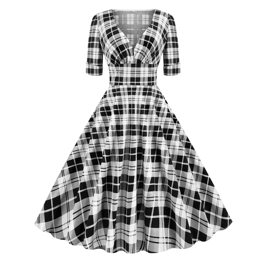 Vintage V-Neck Rockabilly Party Dress for Women - Elegant Half Sleeve Spring Summer Dress for Cocktail Parties, Weddings & Retro Events