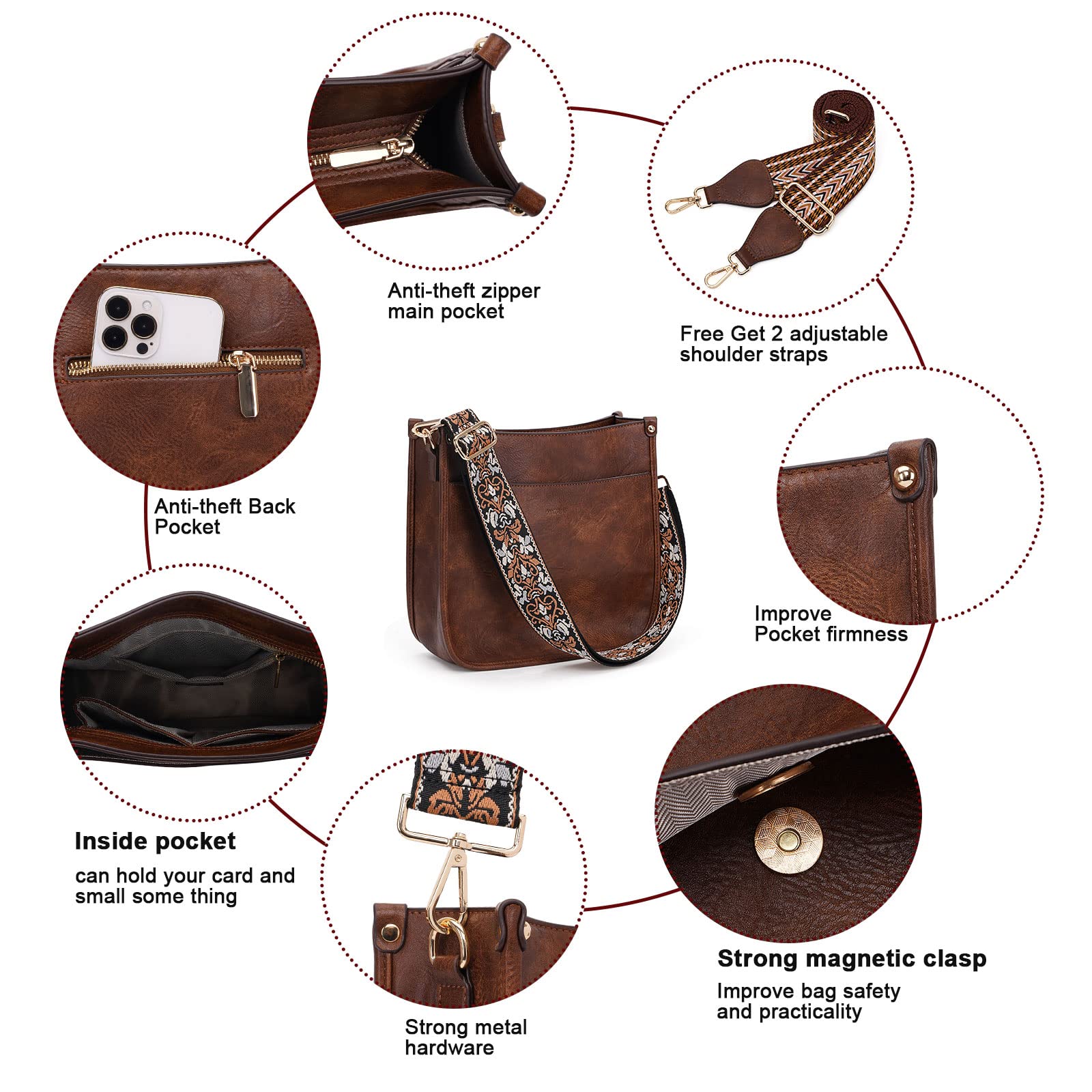 HKCLUF Women's Leather Crossbody Bag & Wallet Set - 2PCS Adjustable Shoulder Purse with Guitar Strap | Perfect for Travel, Shopping & Everyday Use
