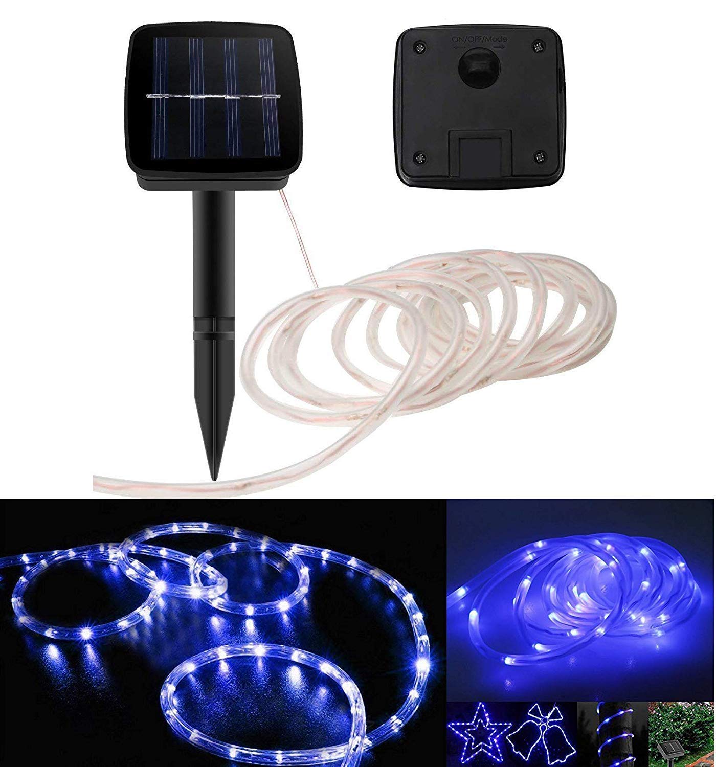 AMZSTAR 100 LED Solar Rope Lights 39ft/12M Waterproof Outdoor String Lights - Copper Wire Fairy Lights for Garden, Yard, Pathway, Fence, Tree & Wedding Party Decoration (Blue) | Energy-Efficient Solar Powered Lighting for Patio, Landscape & Evening Ambiance