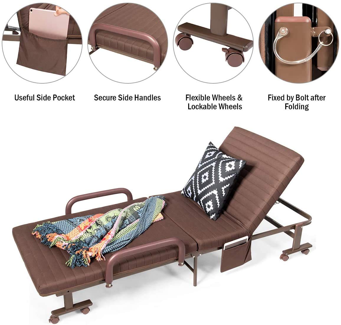 Foldable Guest Bed with Mattress - Heavy Duty Metal Frame, Adjustable Sleeper Sofa with Storage Bag & Wheels for Home, Office, Camping & Travel | Portable Single Bed in Brown