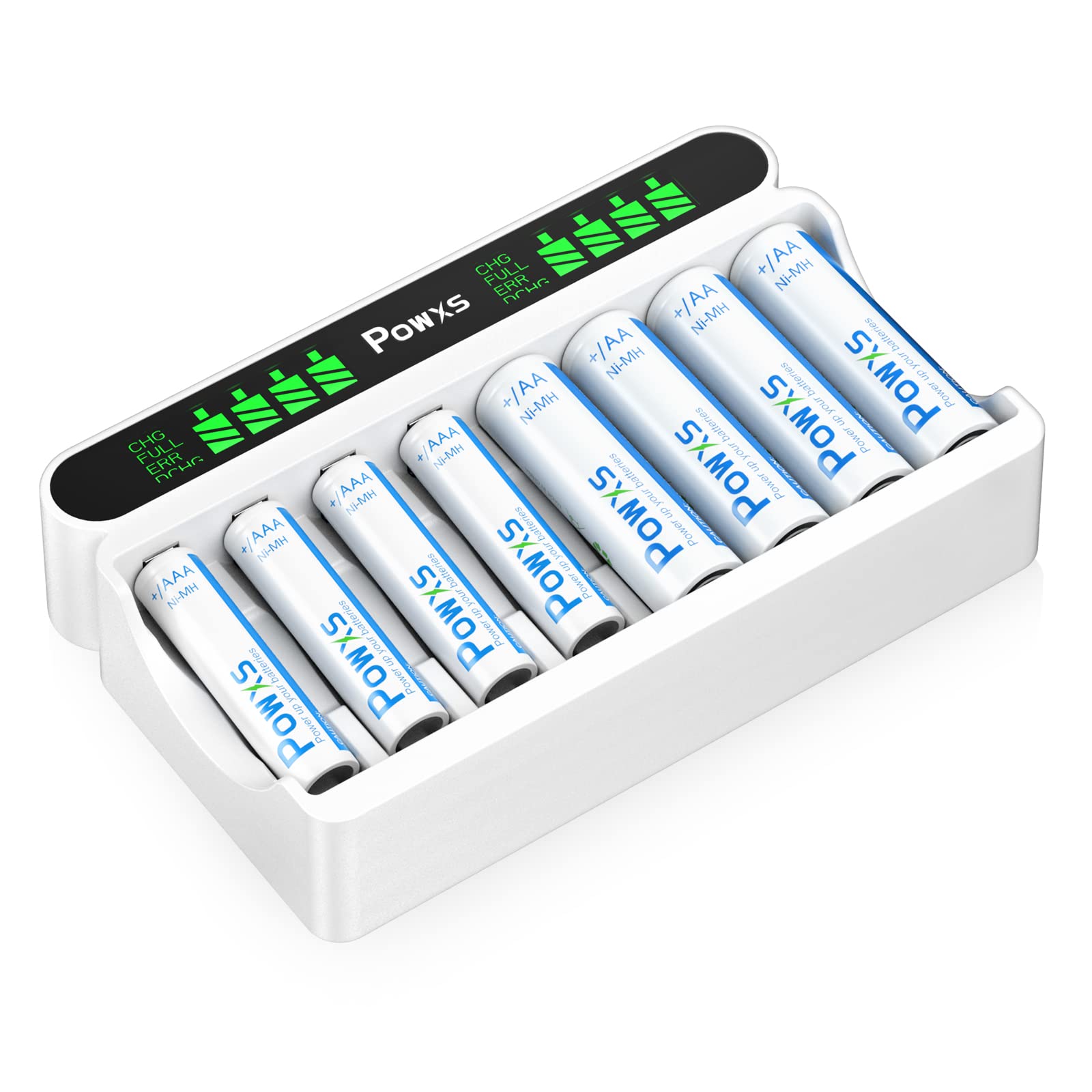 POWXS AA & AAA Rechargeable Batteries with 8-Bay Fast Charger - 1.2V Ni-MH/Ni-CD Battery Charging Kit for Household & Electronics - Perfect for Cameras, Toys, Remote Controls & More