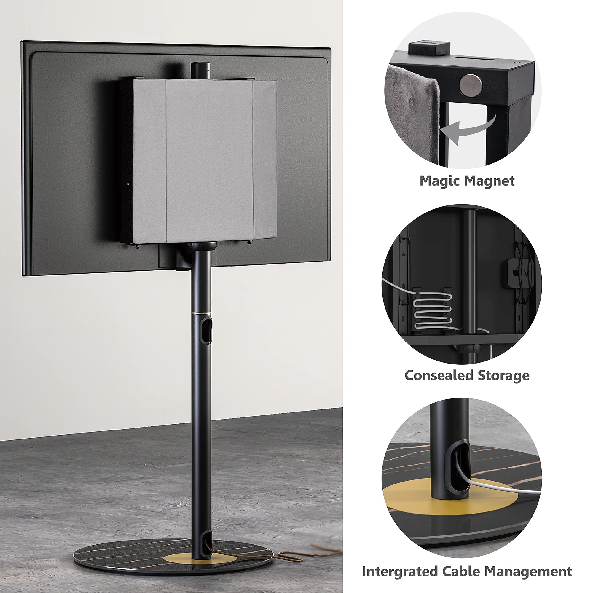 FITUEYES Mid Century Modern Black TV Stand for 37-65 Inch TVs - Marble Textured Glass Base & Concealed Storage Metal TV Stand - Living Room Entertainment Center for Home Theater Setup