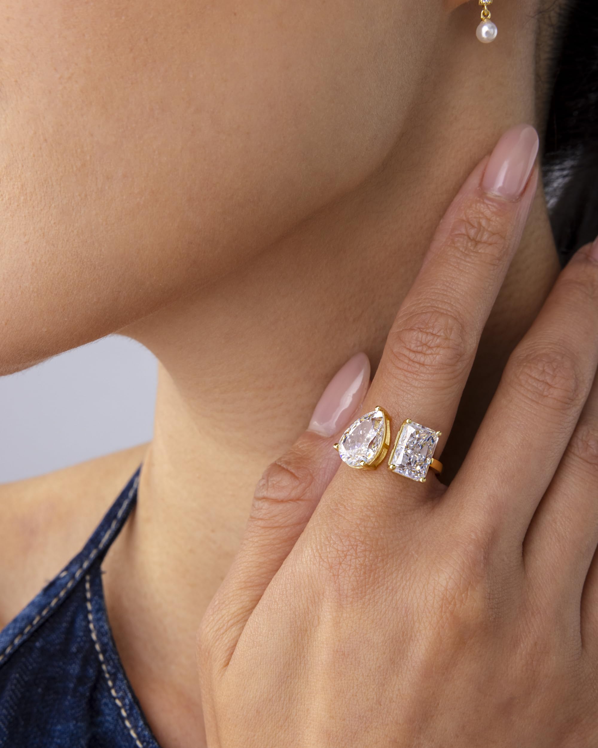 14K Gold Plated Toi Et Moi Radiant-Cut Pear-Shaped Cubic Zirconia Engagement Ring for Women - Elegant Promise & Wedding Jewelry Gift for Anniversary, Valentine's Day & Special Occasions