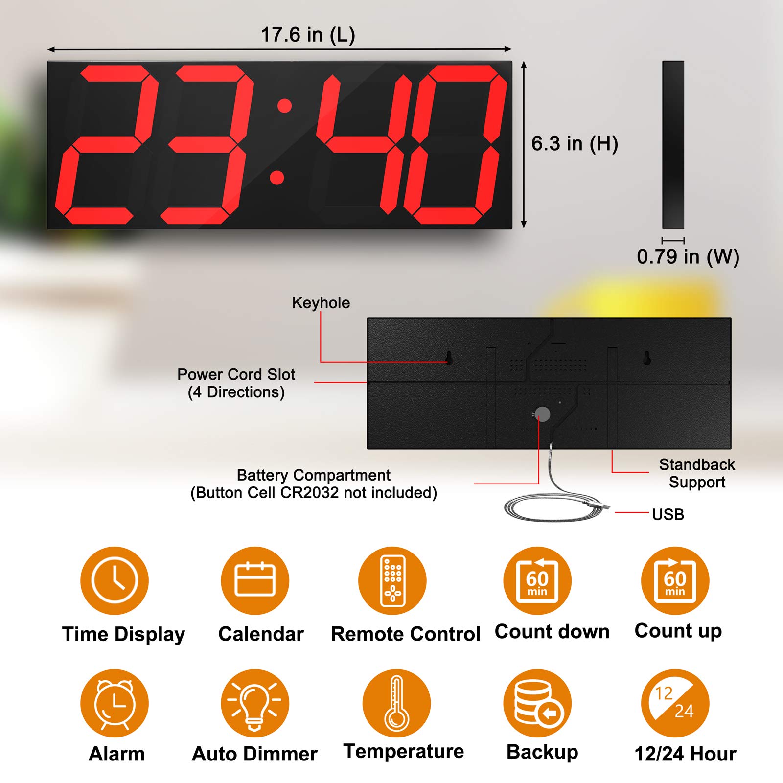 Large LED Digital Wall Clock with 6