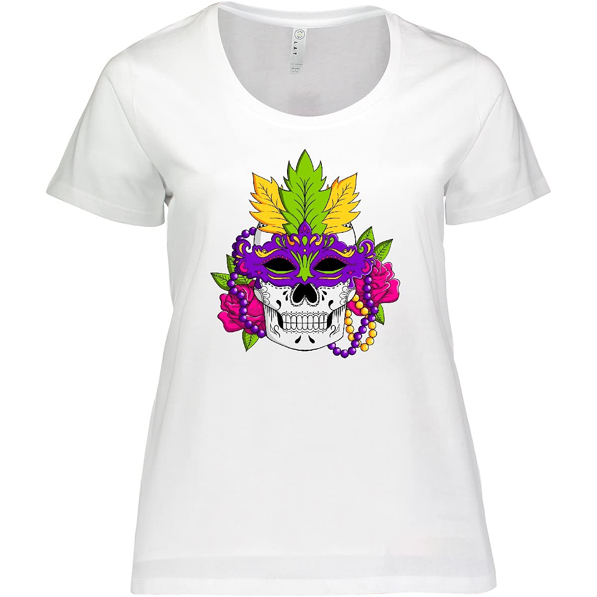 Inktastic Mardi Gras Skull with Masquerade Mask Women's Plus Size T-Shirt | Fun Festival Graphic Tee for Carnival, Halloween & Costume Parties | Comfortable Cotton Shirt for Women's Casual Wear