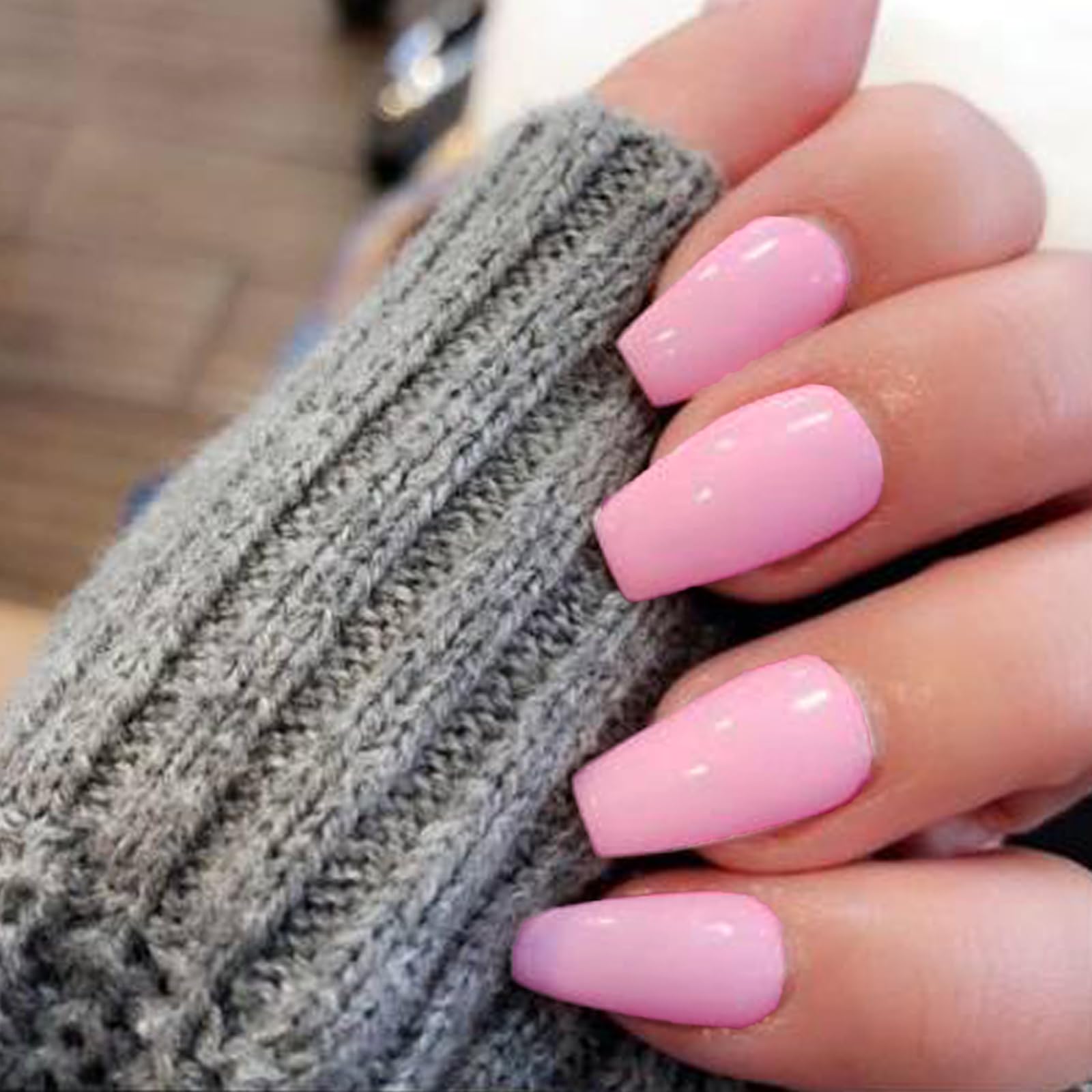 GLAMERMAID Short Coffin Press on Nails - 24Pcs Light Pink Glossy Medium Square Fake Nails with UV Finish | Reusable Acrylic False Nails Manicure Kit for Women | Perfect for Spring Summer, Weddings & Special Occasions