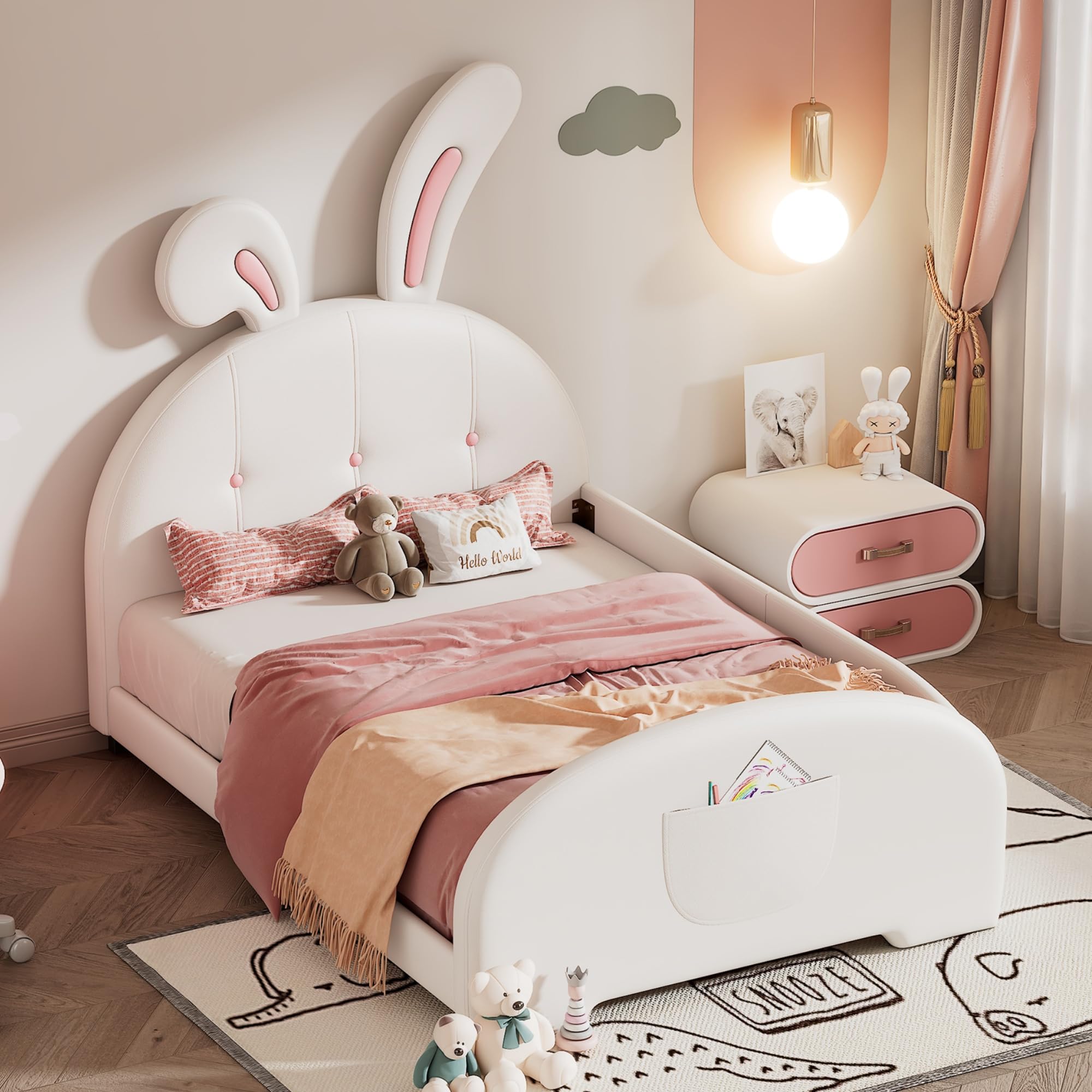 Adorable Twin Size Upholstered Princess Platform Bed with Bunny-Shaped Headboard & Footboard - Perfect for Kids, Toddlers, Boys & Girls Bedrooms | White Rabbit Design | Ideal for Nursery, Playroom or Princess-Themed Bedroom Decor