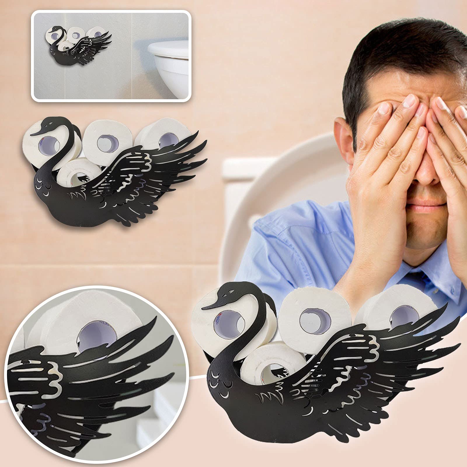 Ampopt Cute Toilet Paper Roll Holder - Modern Bathroom Tissue Dispenser for Home & Office - Durable Toilet Cleaning Supplies (Black) - Perfect for Small Spaces, Apartments, and Powder Rooms