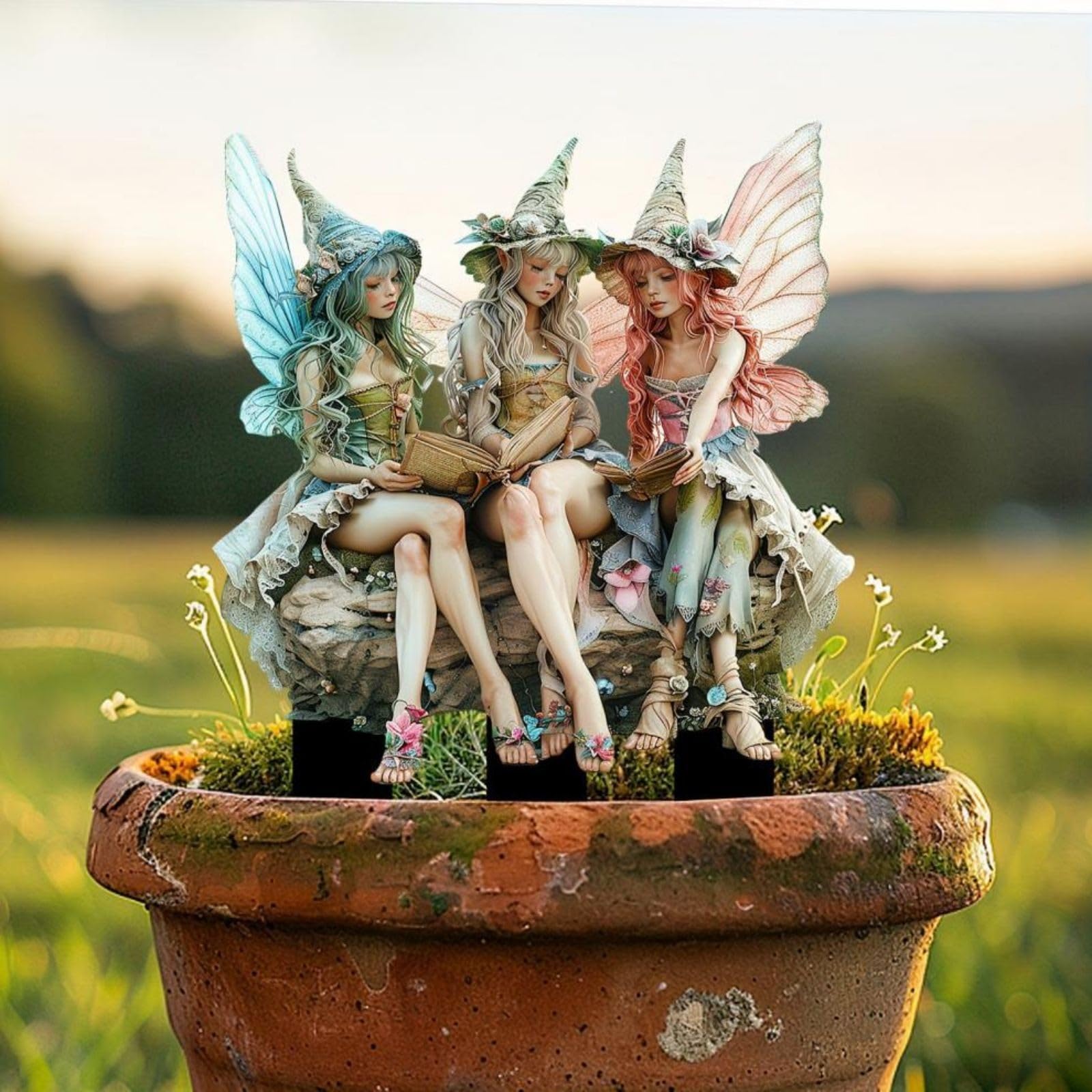 Bohemian DIY Acrylic Flower Pot Decor - Handmade Fairy Garden Accessories with Elf Sisters Figurines for Home, Office & Outdoor Decor | Perfect for Fairy Gardens, Terrariums & Gift Giving