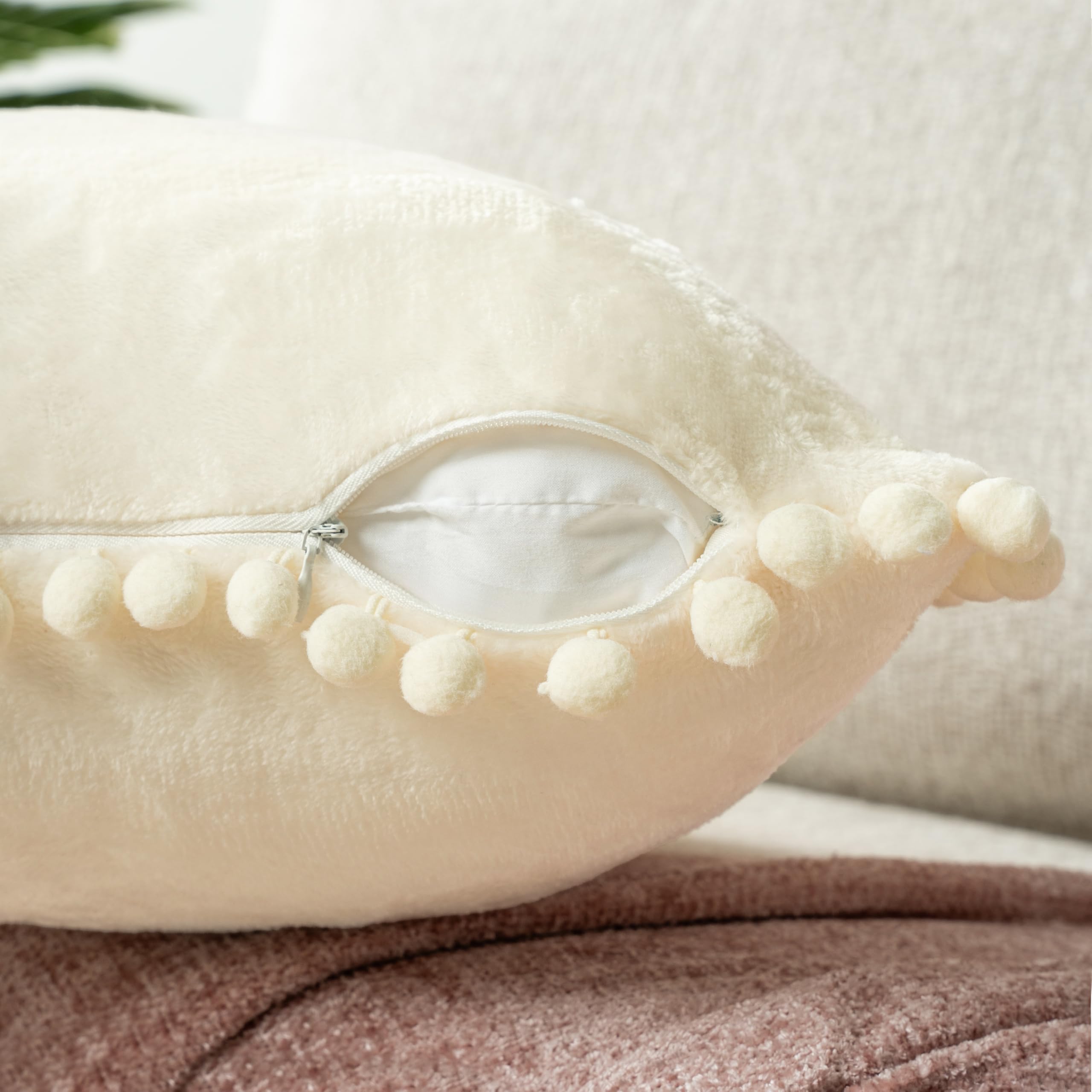 PAVILIA 18x18 Inch Cream Beige Velvet Throw Pillow Covers Set of 2 - Soft Plush Euro Square Decorative Cushion Cases with Pom Pom Trim for Sofa, Couch, Bed & Living Room - Cozy Home Decor & Aesthetic Bedroom Accent