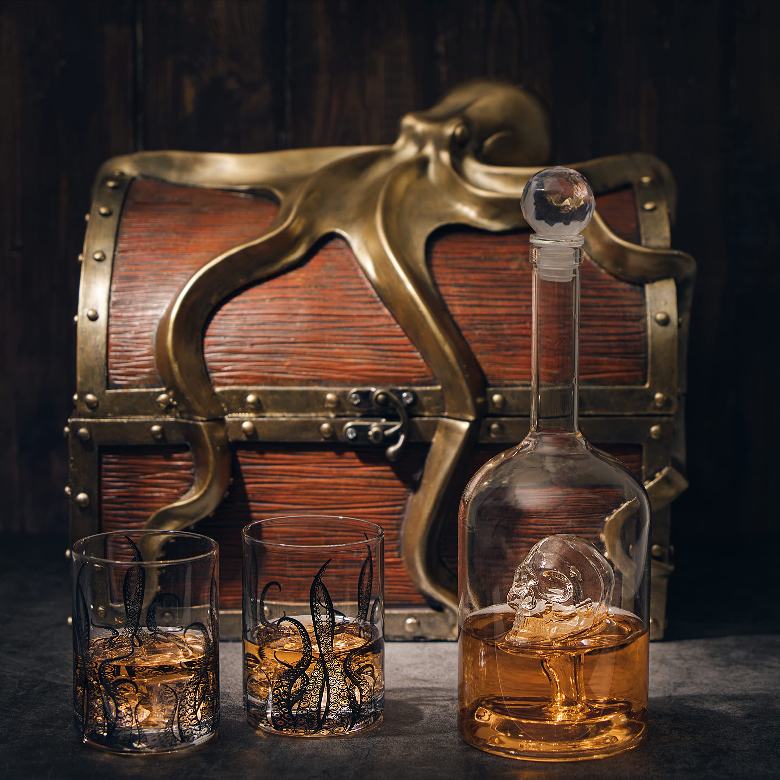 Premium Octopus Kraken Chest Wine & Whiskey Decanter Set with 2 Glasses - Exquisite Handcrafted Detail for Whiskey Lovers, Wine Enthusiasts & Nautical Decor - Perfect Holiday Gift for Sea-Themed Parties, Home Bars & Collector Displays