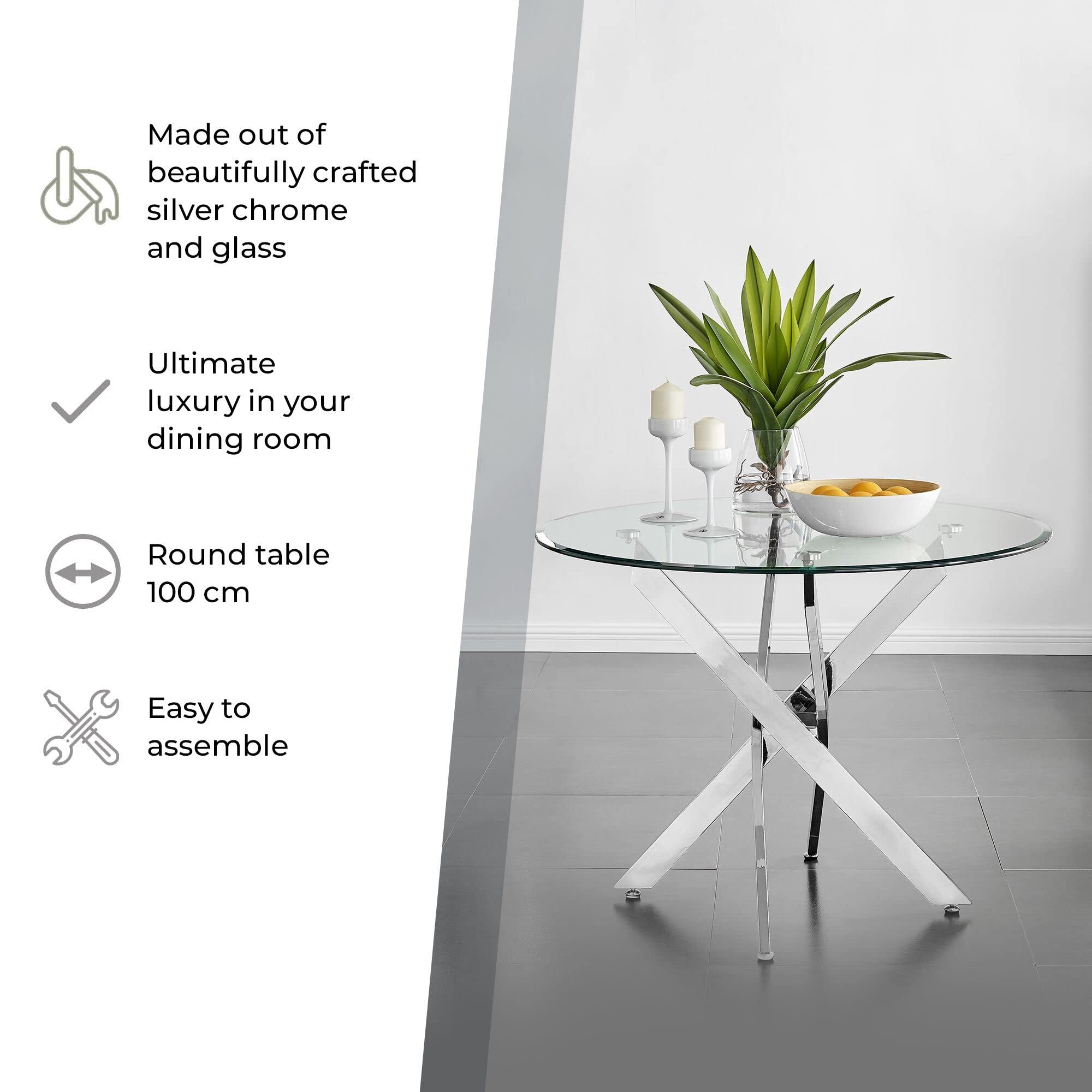 Novara Modern Round Glass Dining Table with Gold Chrome Legs - Elegant & Practical Dining Room Furniture for Small Spaces & Contemporary Homes - Perfect for Dinner Parties & Family Gatherings