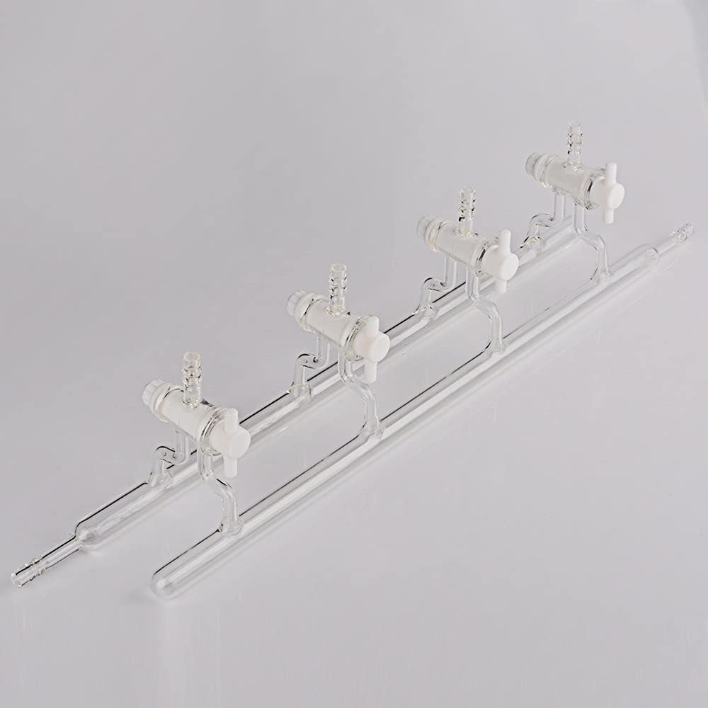Stonylab 4-Port Borosilicate Glass Vacuum Manifold with Stopcocks - Dual Bank Schlenk Line for Chemistry Lab, Organic Synthesis & Air-Sensitive Experiments