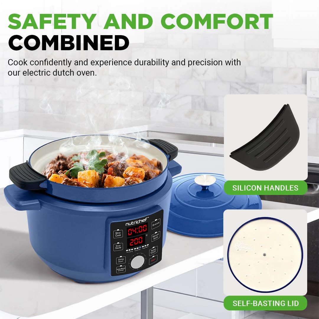 6 Quart Electric Dutch Oven - 1500W 5-in-1 Enamel Coated Cast Iron Pot with Stainless Steel Lid | Precise Temperature Control for Slow Cooking, Braising & Baking | Includes 2 Silicone Pot Holders & Heat Resistant Pad | Perfect for Soups, Stews & Family Meals (Blue)