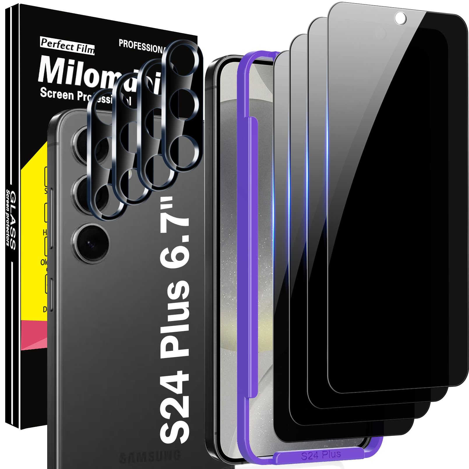 4 Pack Privacy Screen Protector for Samsung Galaxy S24 Plus 6.7 Inch + 4 Pack Tempered Glass Camera Lens Protector - 9H Hardness, Anti-Spy, Case Friendly with Mounting Frame | Perfect for Office, Travel & Daily Privacy Protection