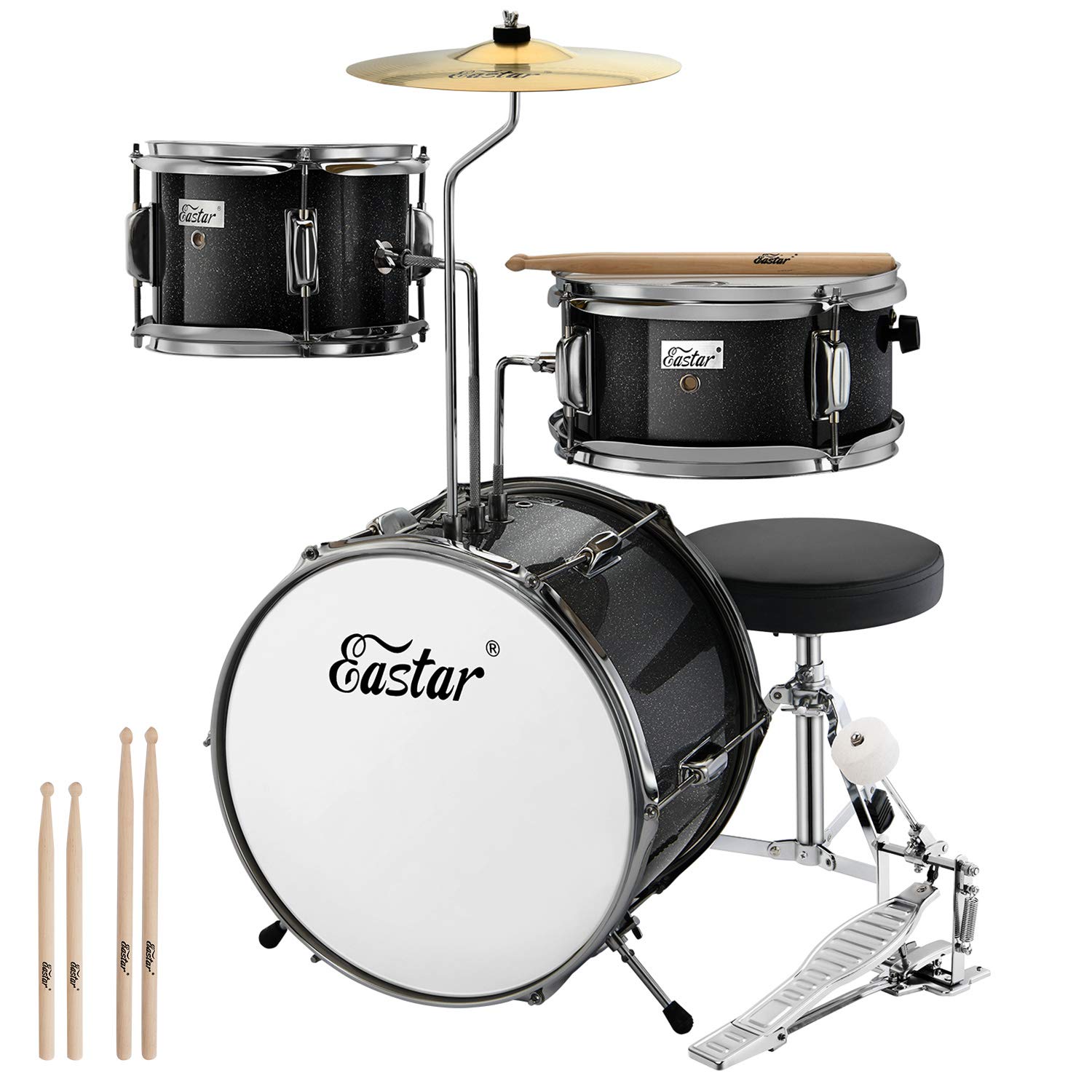 Eastar 3-Piece Kids Drum Set for Beginners - 14'' Junior Drum Kit with Bass, Tom, Snare Drum, Adjustable Throne, Cymbal, Pedal & 2 Pairs of Drumsticks (Metallic Black) - Perfect for Home Practice, Music Lessons & First-Time Players