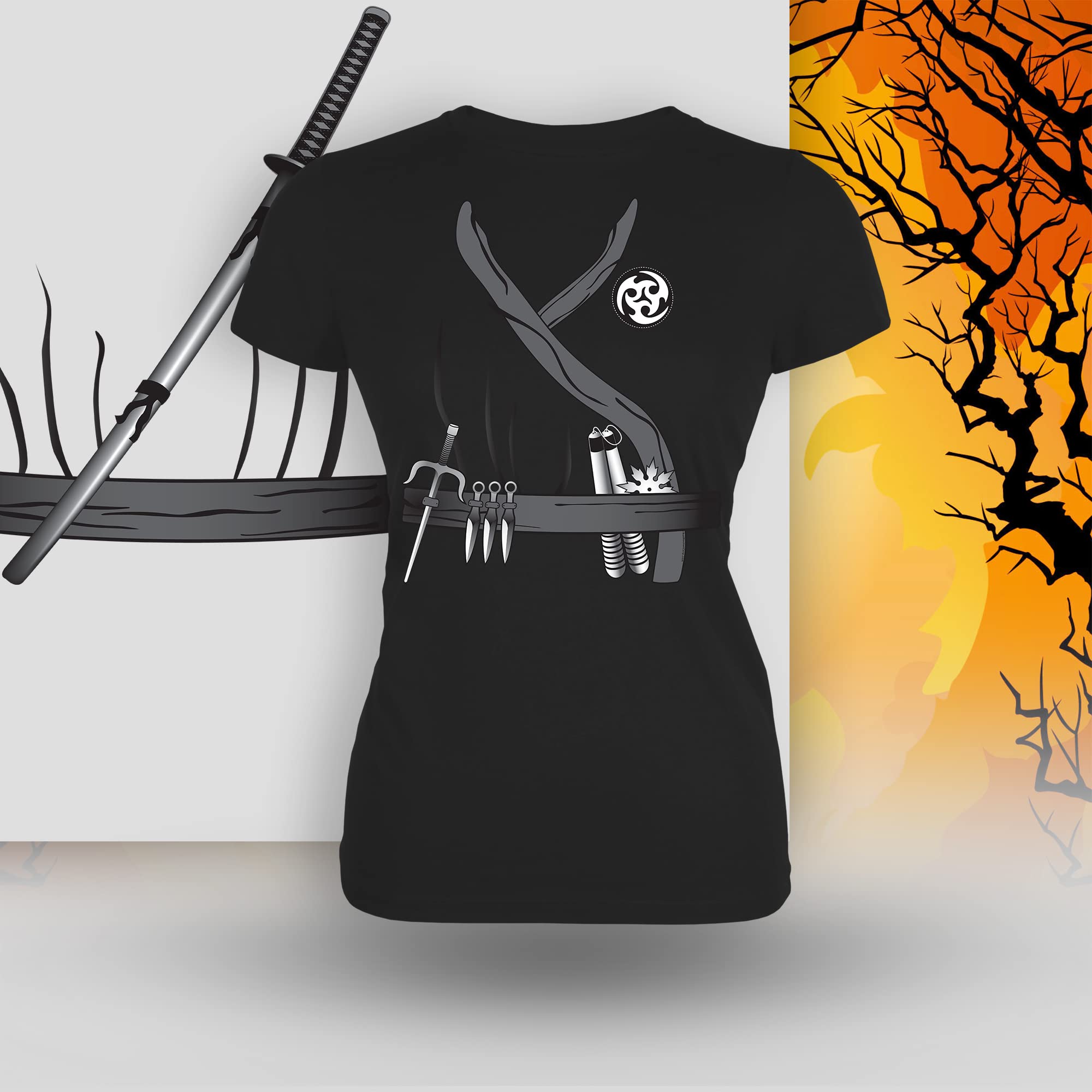 Halloween Ninja Assassin Costume for Women - Black Soft Cotton T-Shirt - Perfect for Cosplay, Halloween Parties & Anime Conventions