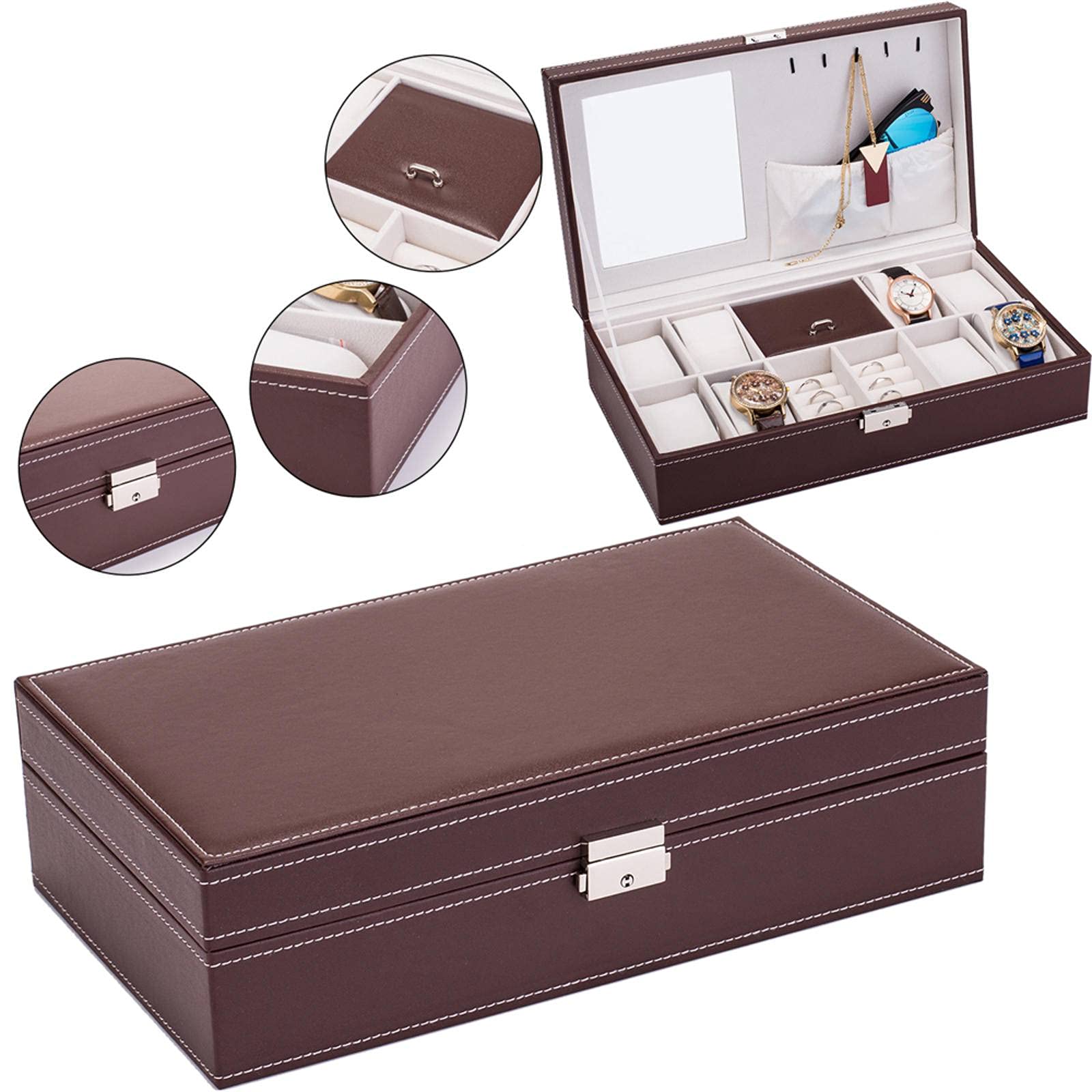 Premium 8-Slot Jewelry Box with Lock & Mirror - Watch Organizer Storage Case for Men & Women (Brown) - Perfect for Travel, Home & Office Organization