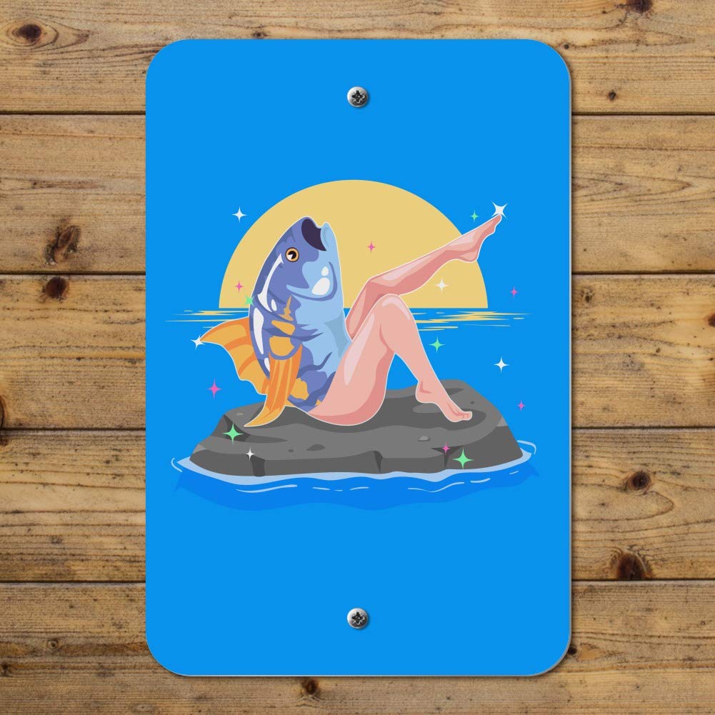 Funny Reverse Mermaid with Tuna Head Sign - Unique Home & Office Decor for Beach Theme Parties, Nautical Gifts & Mermaid Lovers