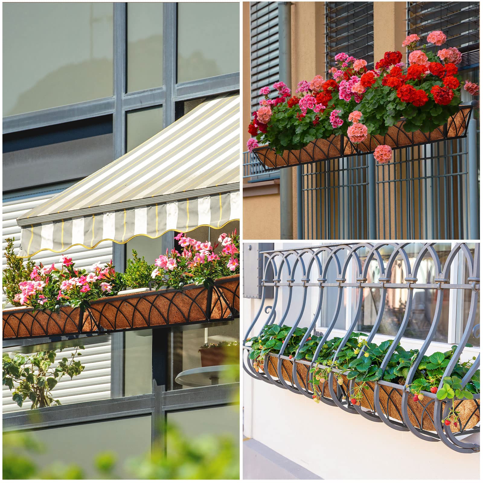 8 Pack 24 Inch Black Metal Window Box Planters with Coconut Liner - Outdoor Hanging Flower Pots for Deck Railing, Balcony, Fence, Porch & Patio - Perfect for Herbs, Flowers & Small Plants Decoration