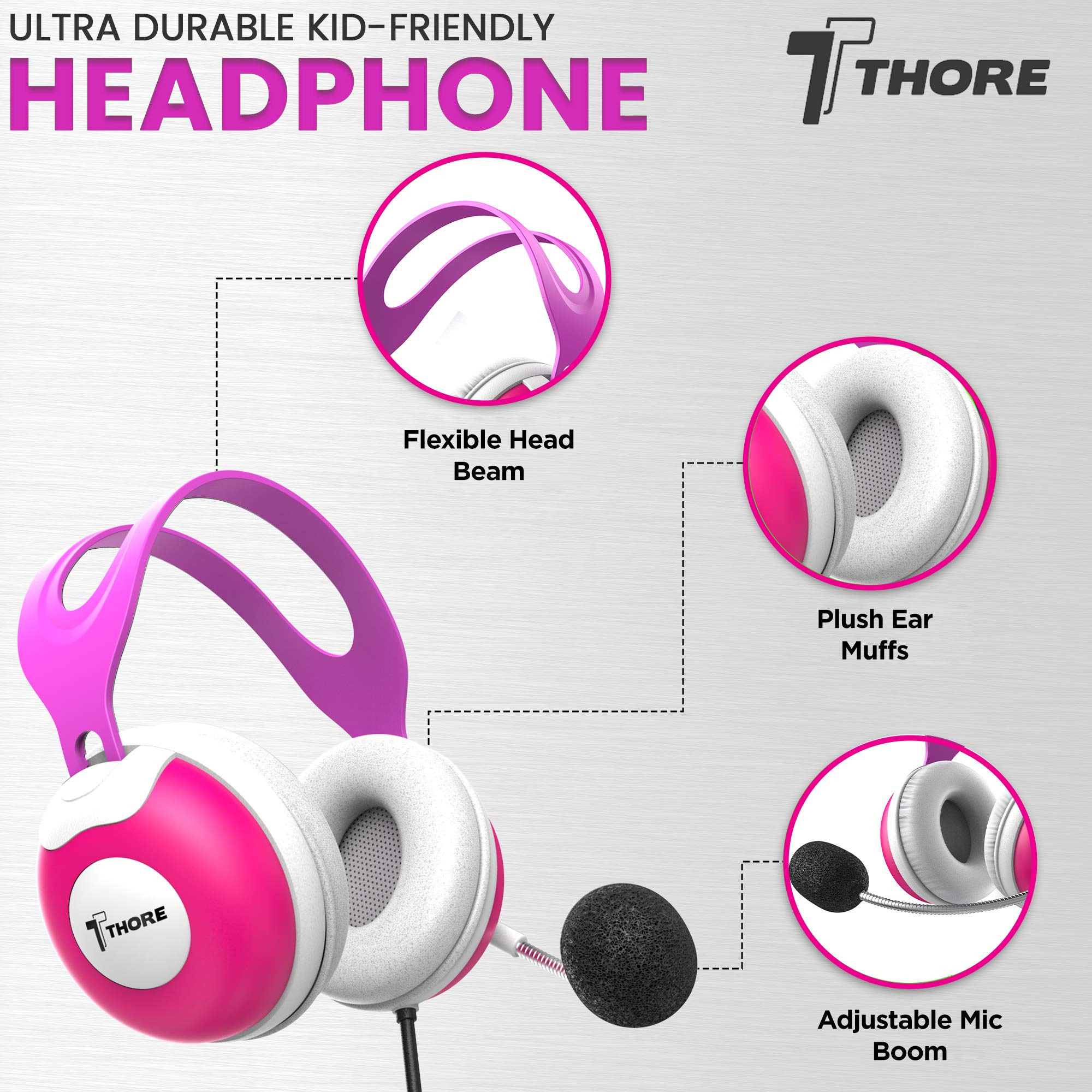 Thore Kids Headphones with Microphone - Over Ear Headset with Boom Mic & Volume Control for Girls - Pink Wireless Headphones for Online School, Gaming, and Remote Learning
