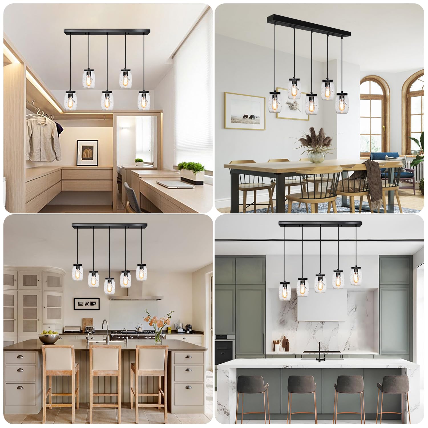 5-Lights Mason Jar Pendant Lighting - Farmhouse Glass Jar Ceiling Light Fixture for Kitchen Island, Dining Room, Farmhouse Decor - Perfect for Barn, Hallway & Stairway Lighting