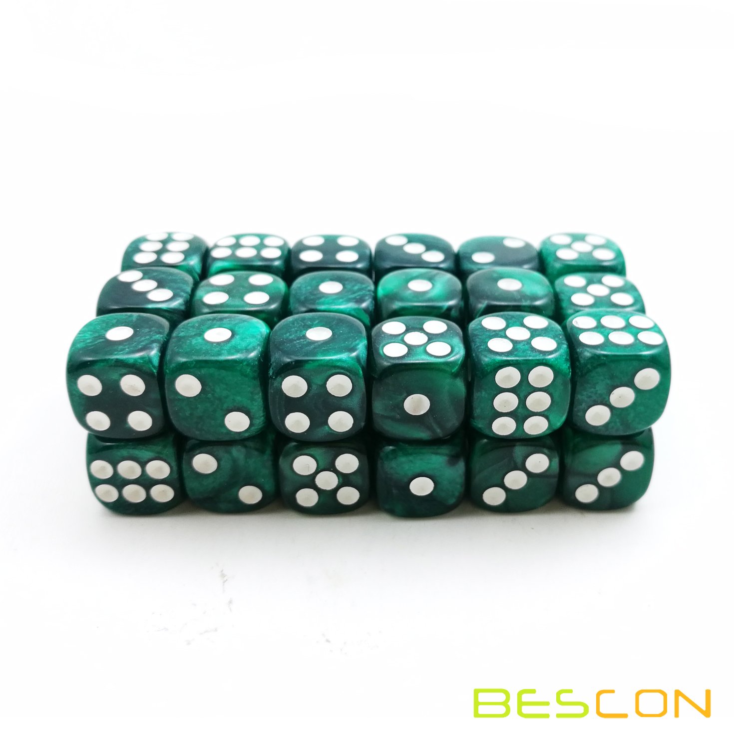 Bescon 12mm Six-Sided Dice Set - 36 Marble Green D6 Dice in Brick Box | Perfect for Board Games, RPGs, Math Education & Casino Night