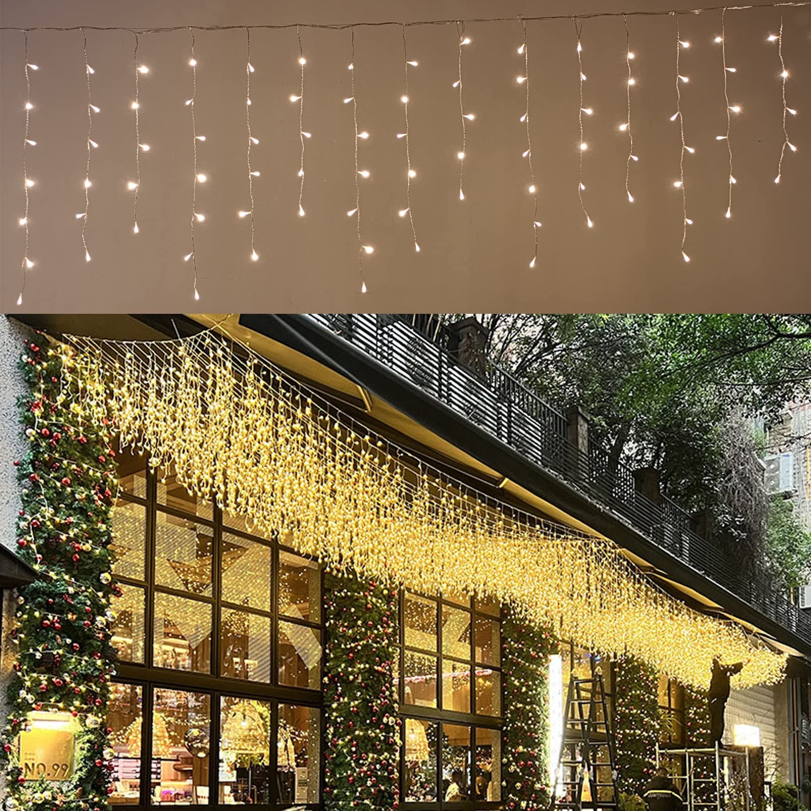 216 LED Icicle String Lights - 16.4FT Warm White Christmas Lights with 8 Lighting Modes for Indoor & Outdoor Holiday Decorations - Perfect for Parties, Mall Displays, Patio, Yard & Home Decor (5M Length)