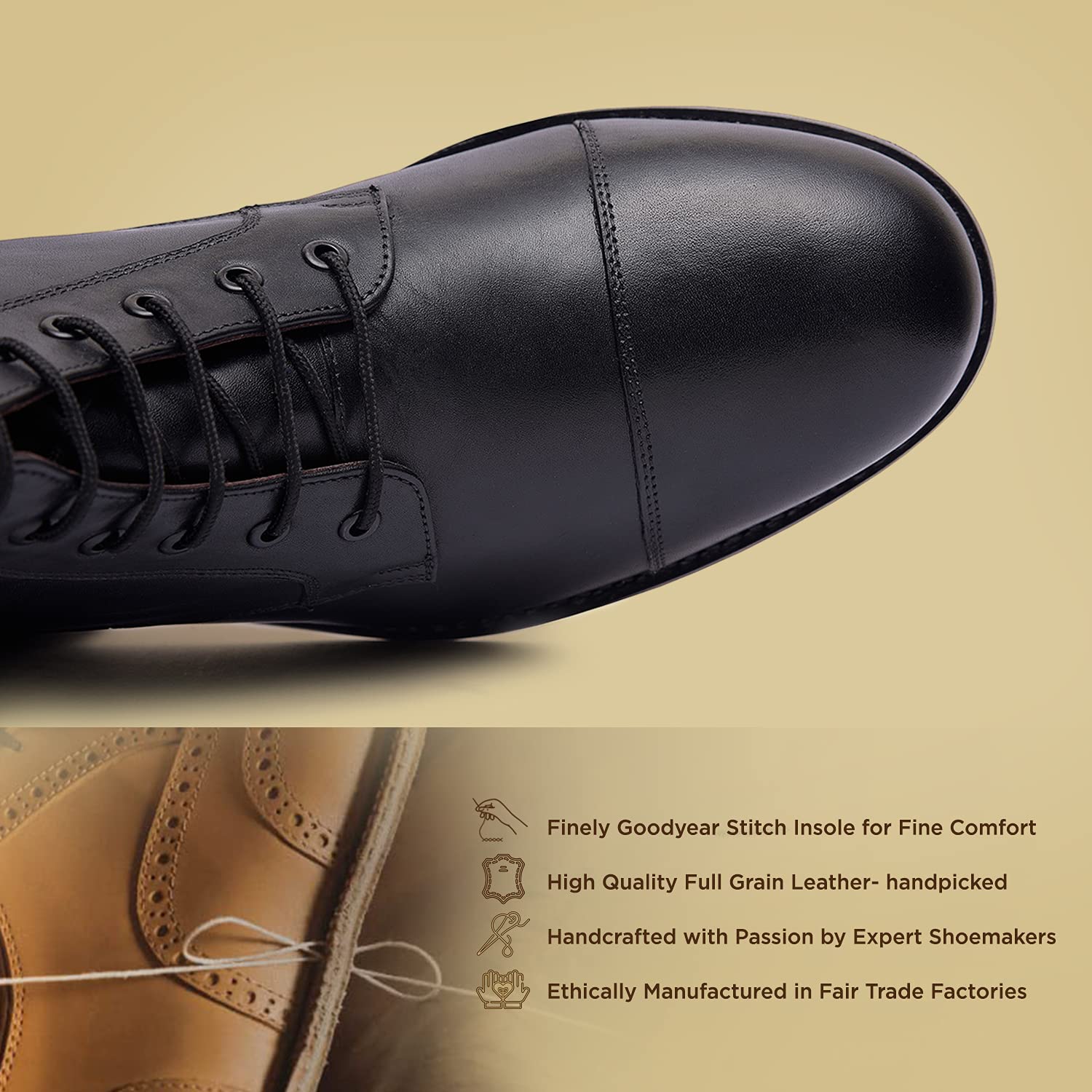 Allonsi Welton Men's Genuine Leather Combat Boots - Goodyear Welted Dress Boots with Comfortable Rubber Sole - Handcrafted Luxury Leather Shoes for Casual Wear & Outdoor Activities