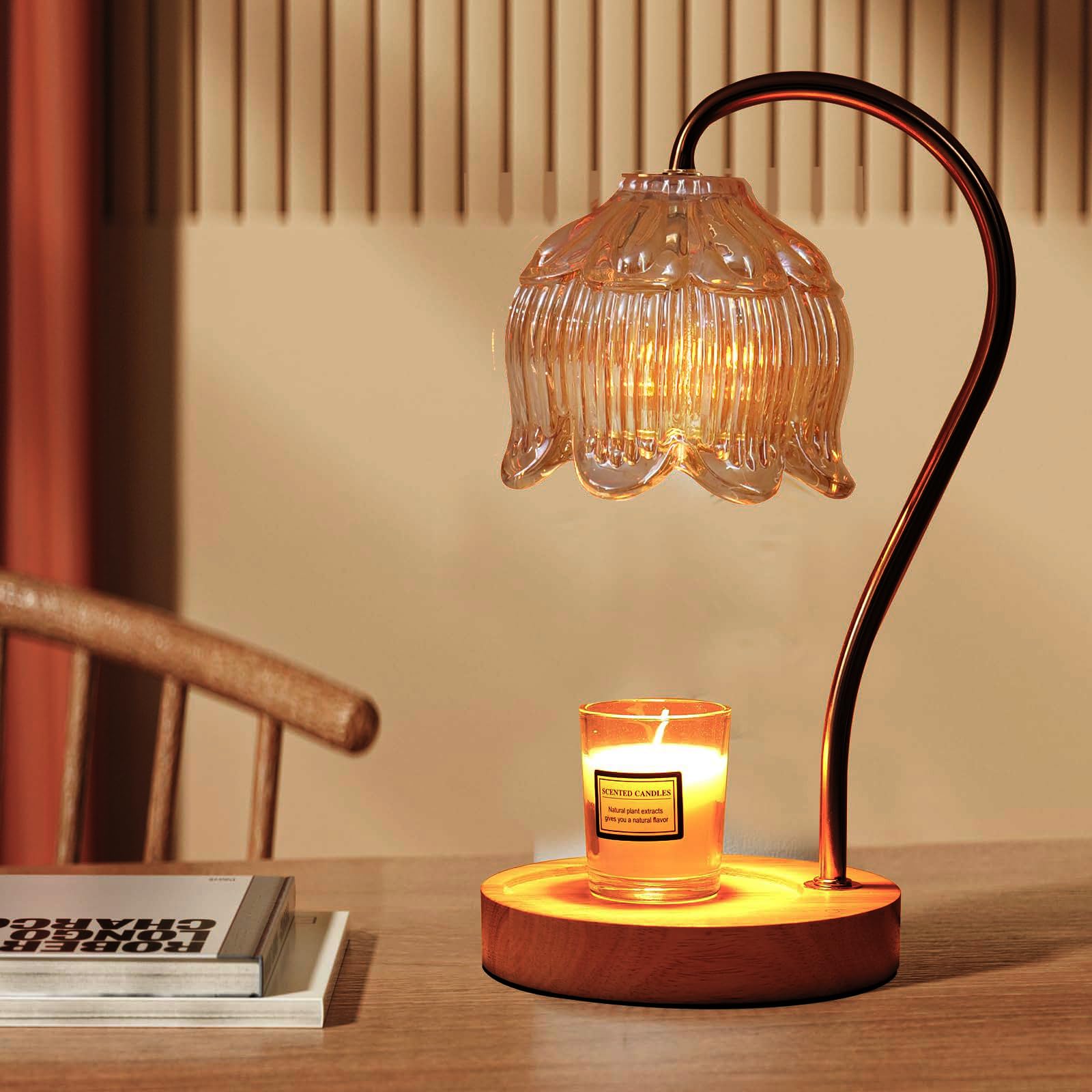 GEEZO Electric Candle Warmer Lamp with Timer & Dimmer - Wooden Base Wax Melt Warmer for Small & Large Jar Candles, 2 Bulbs Included - Perfect for Home Decor, Aromatherapy, and Creating Cozy Ambiance in Living Room, Bedroom, or Office