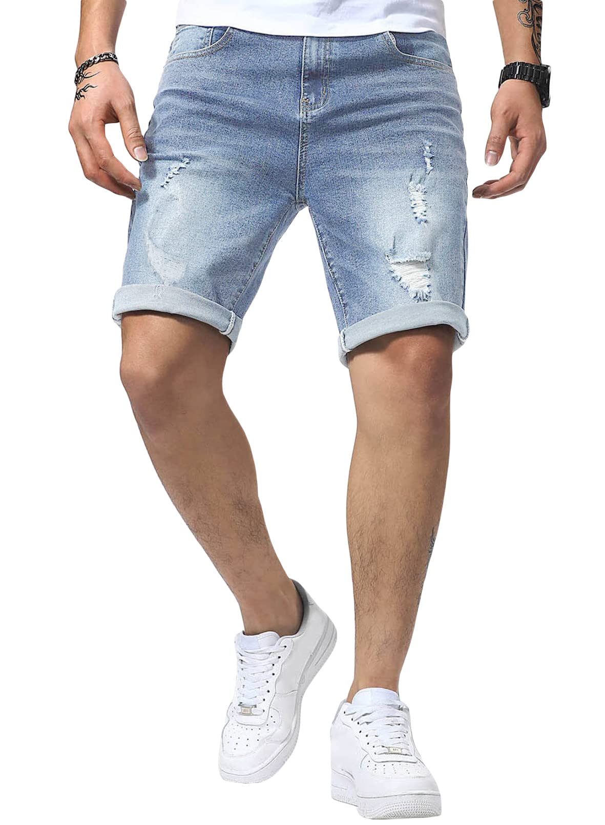 JMIERR Men's Stretch Skinny Ripped Denim Shorts | Distressed Casual Slim Fit Rolled Cuff Jean Shorts for Summer Outfits & Streetwear Fashion