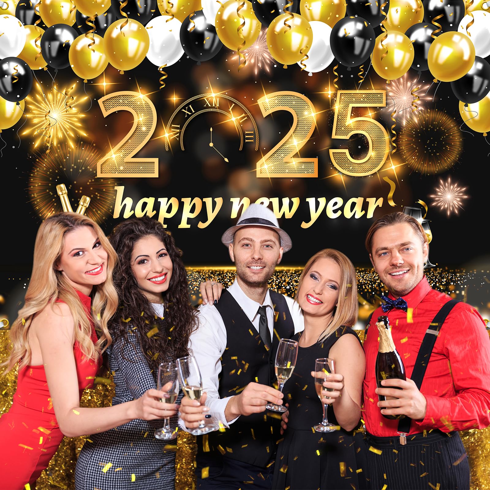 2025 Happy New Year Banner - 72x48 Inch Large Black & Gold NYE Backdrop for Party Decorations | New Year's Eve Party Supplies | Perfect for Home, Office & Event Celebrations