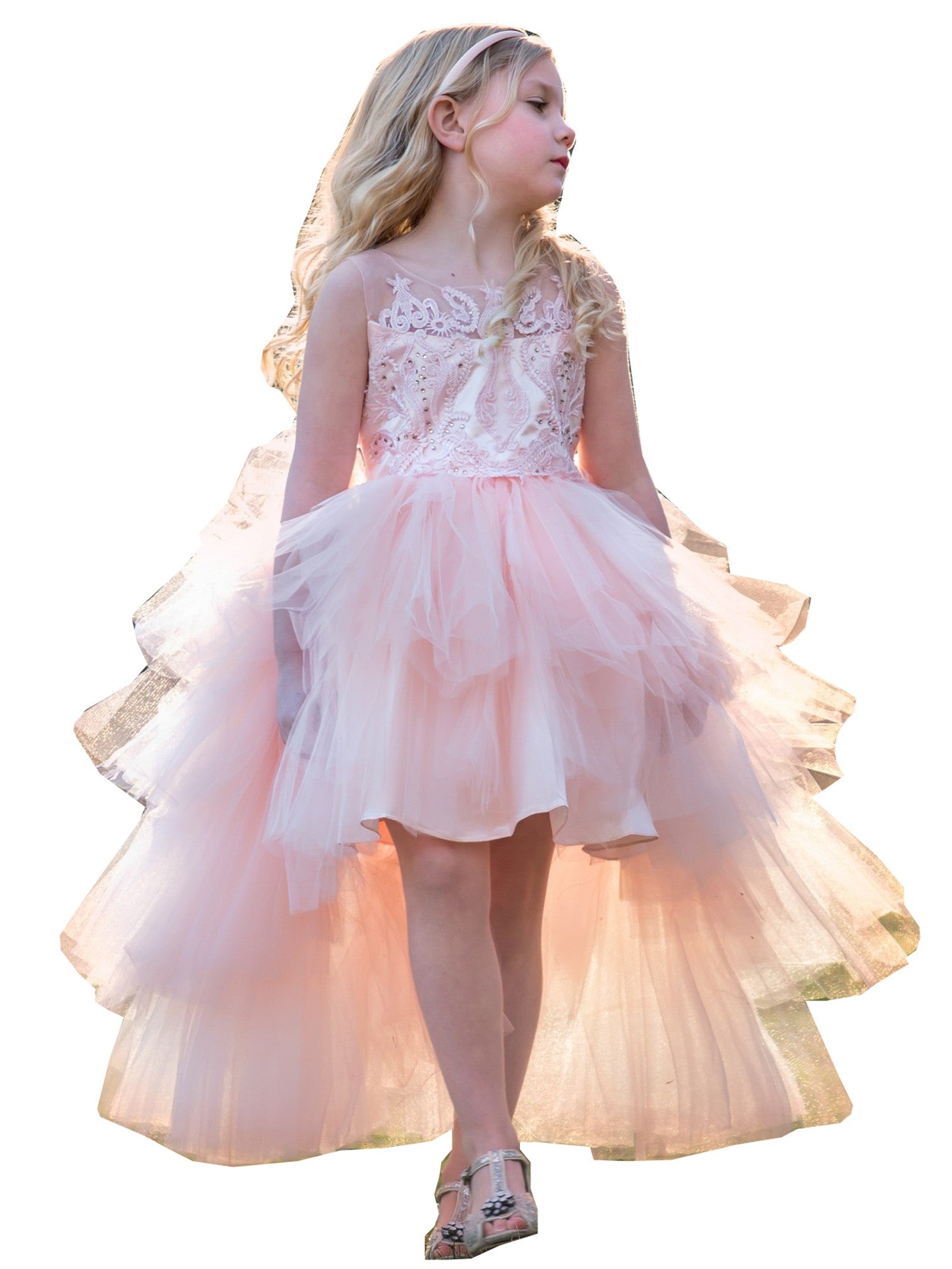Big Girls Blush Beaded Hi-Low Ruffle Abella Special Occasion Dress - Sizes 8-12 | Elegant Party Gown for Weddings, Prom & Formal Events