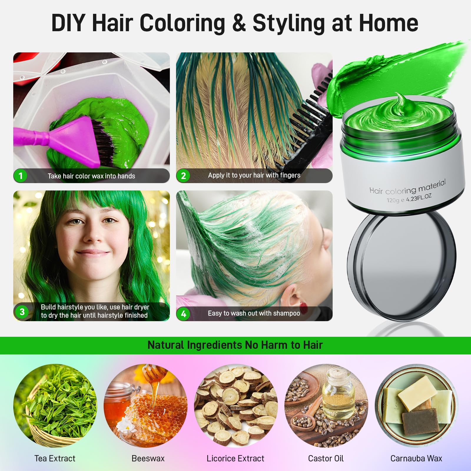 **Washable Temporary Hair Color Wax - Green Natural Hair Dye for Women, Men & Kids - Perfect for Halloween, Cosplay & Party Styling**