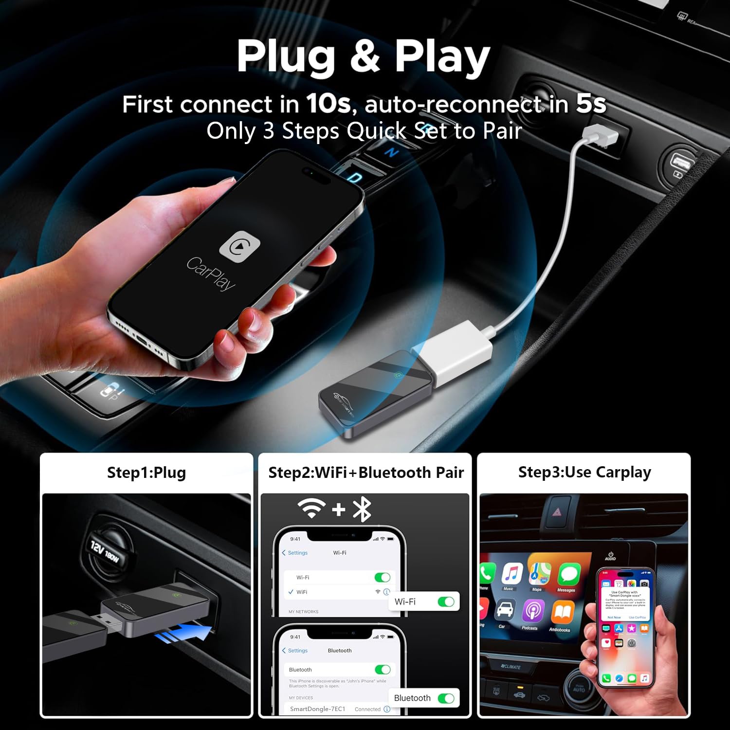 2024 Wireless CarPlay Adapter - Convert Wired to Wireless Apple CarPlay, Plug & Play for Factory Wired Cars, Easy Setup iOS 10+ - Perfect for Commuting, Road Trips & Hands-Free Driving