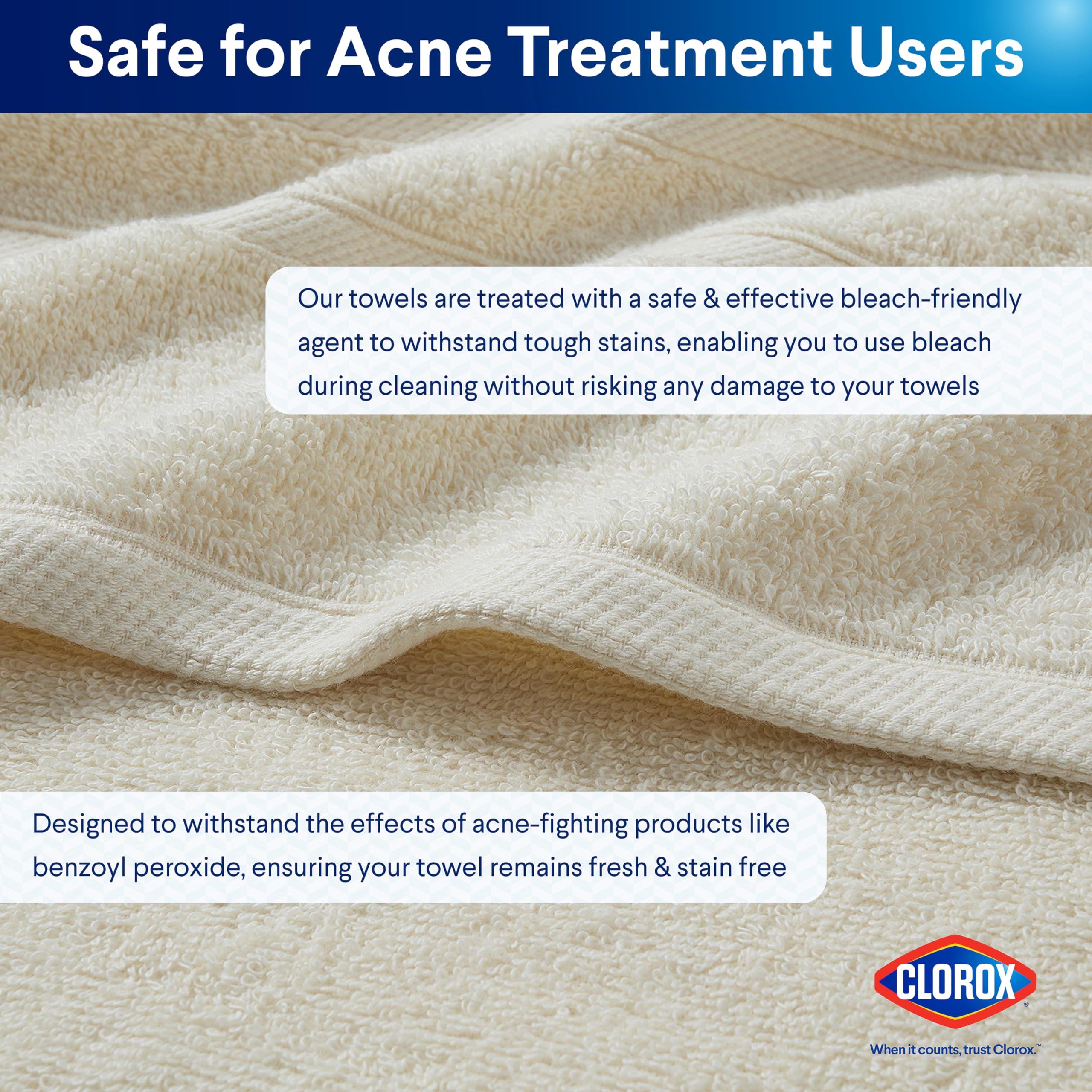 CLOROX Bleach-Friendly Quick Dry 100% Cotton Bath Towels 30x52 Inches - Super Absorbent Soft Lightweight Towels for Bathroom, Gym & Travel - Easy Care Washable (2-Pack, Ivory)