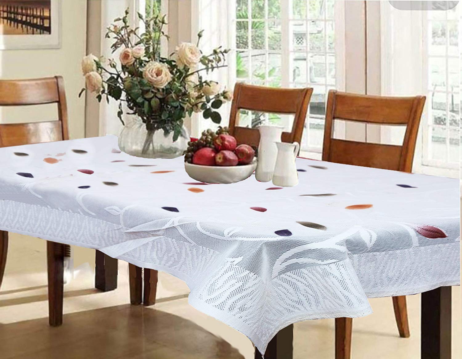 Premium 6-Seater Kuber Industries Dining Table Cover - Leaf Design Cotton Tablecloth for Home & Restaurant Use - Washable White Table Cover for Everyday Dining & Special Occasions